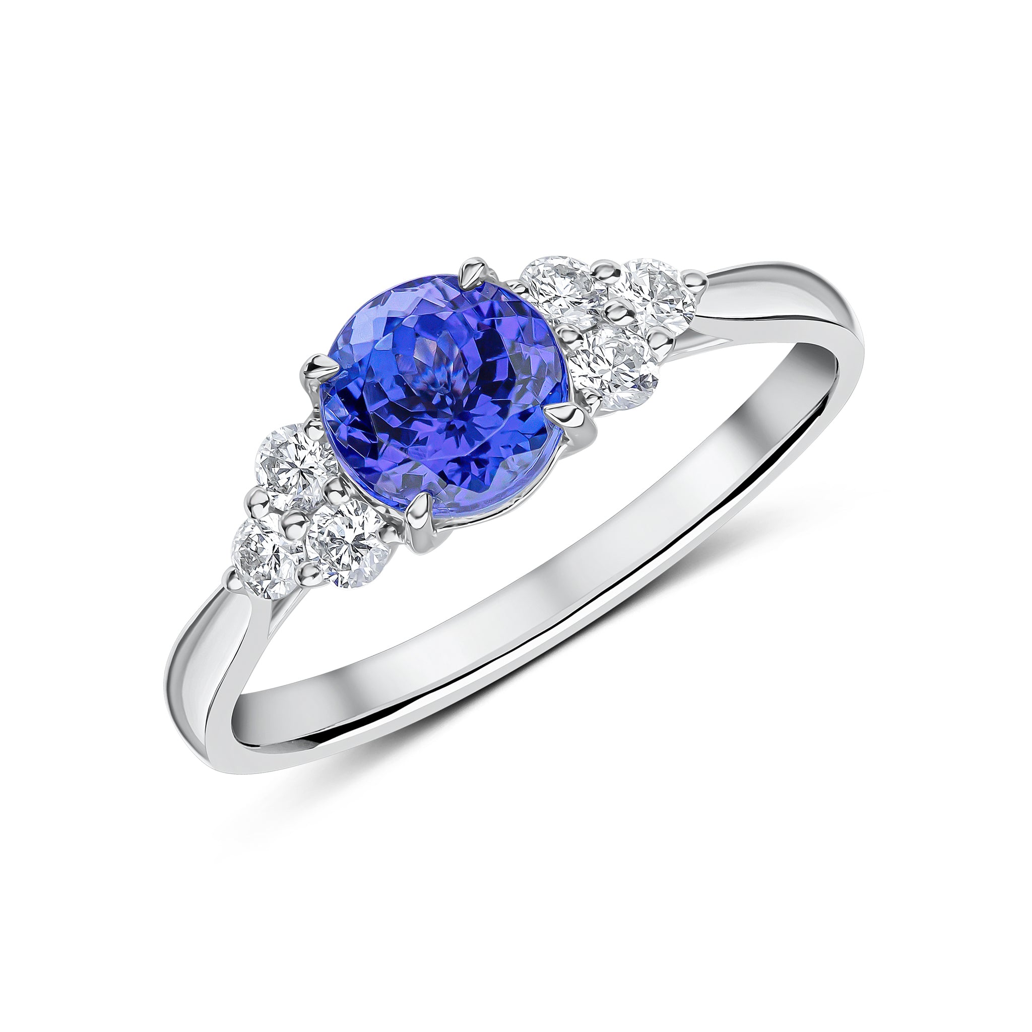 18ct White Gold 6mm Round Tanzanite and Round Diamond Trefoil Shoulders Claw Ring