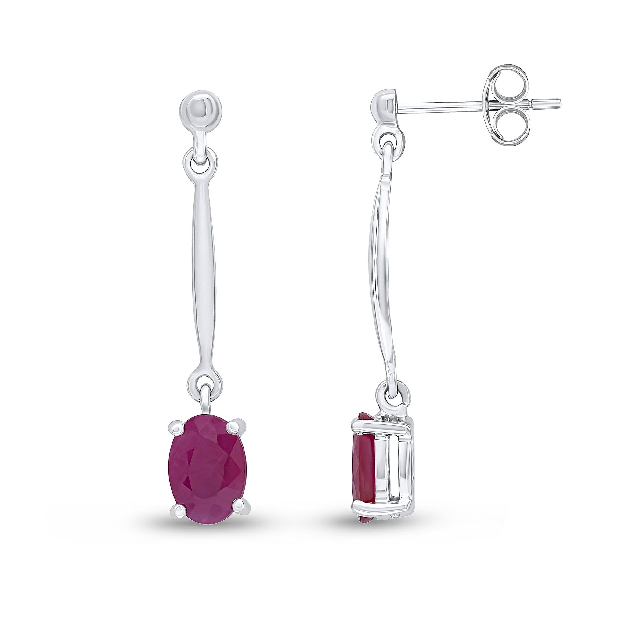 9ct White Gold 7x5mm Oval Ruby and Bar Drop Earrings with Bead Top