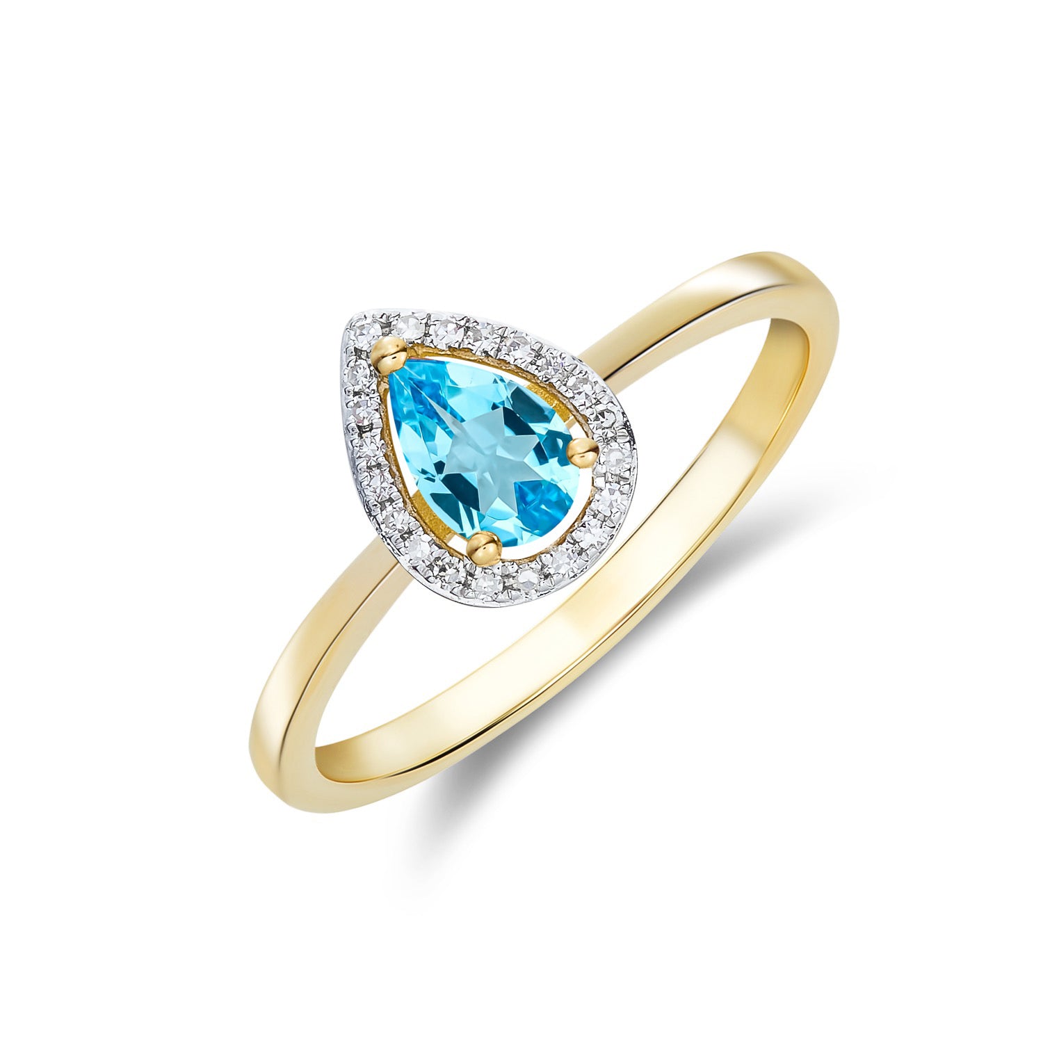 9ct Yellow Gold 6x4 Pear Shape Swiss Blue Topaz & Diamond Halo Claw Cluster Ring