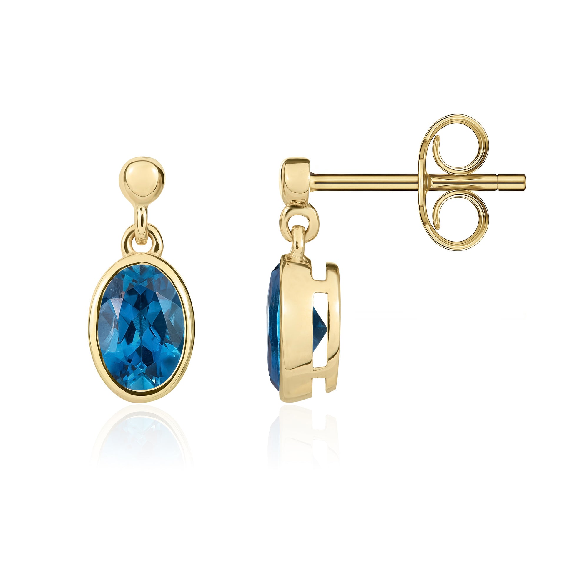 9ct Yellow Gold 6x4 Oval London Blue Topaz Rubover Drop Earrings with 2.5mm Bead Top