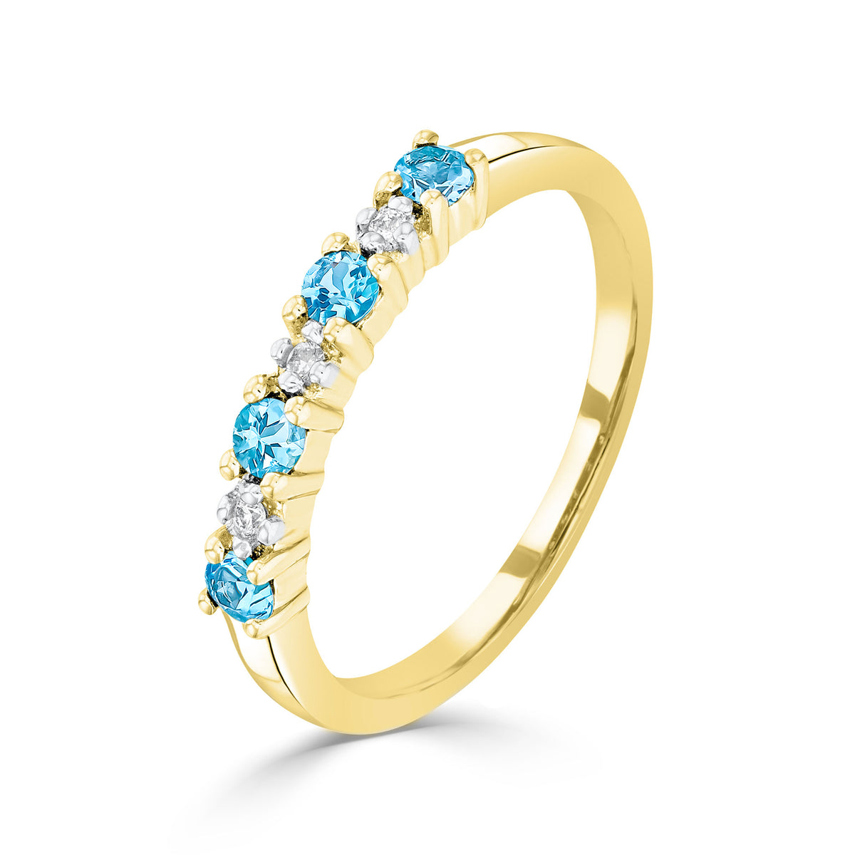 9ct Yellow Gold Round Swiss Blue Topaz and Diamond Claw Set 7 Stone Ring