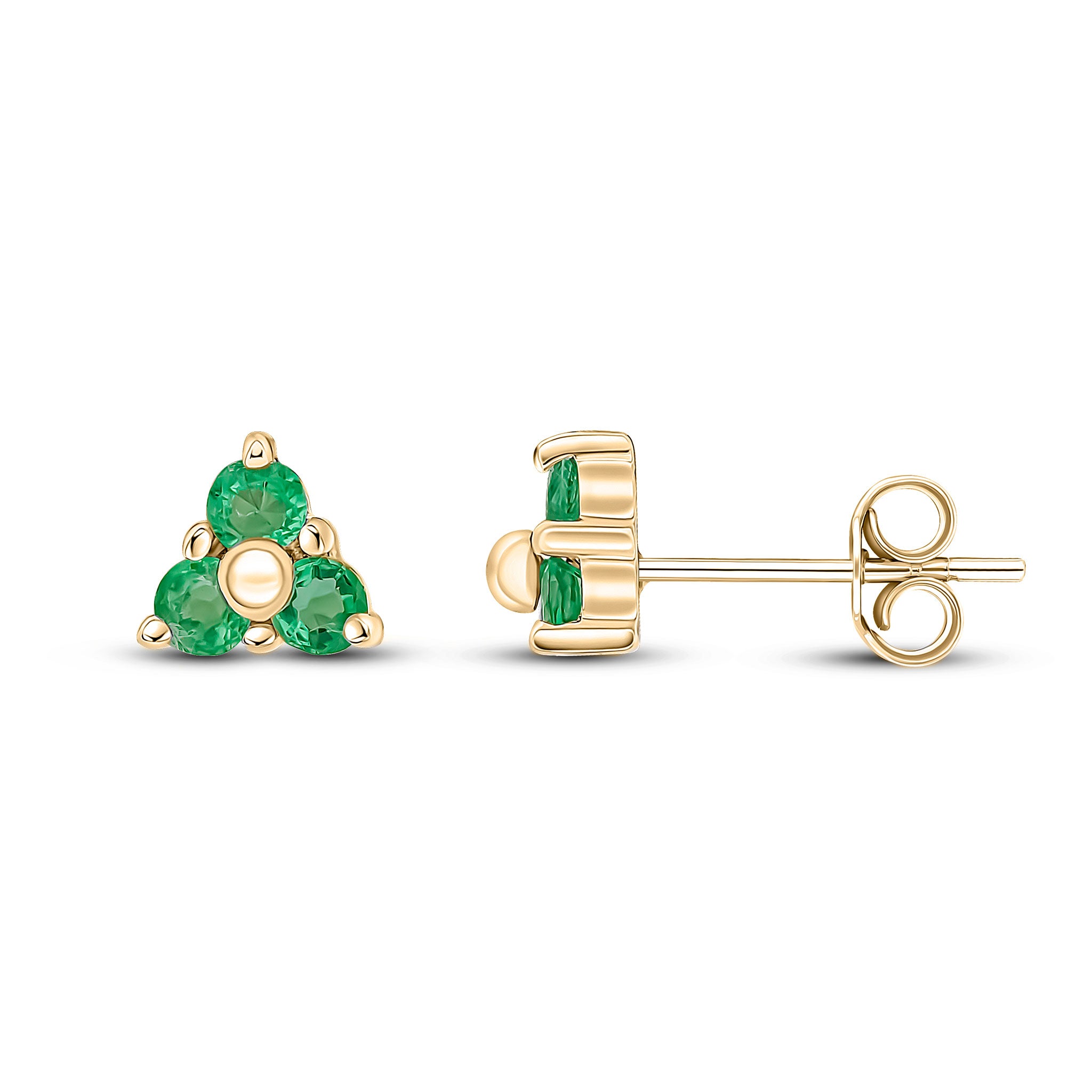 9ct Yellow Gold Round Emerald Claw Set Trefoil Earrings