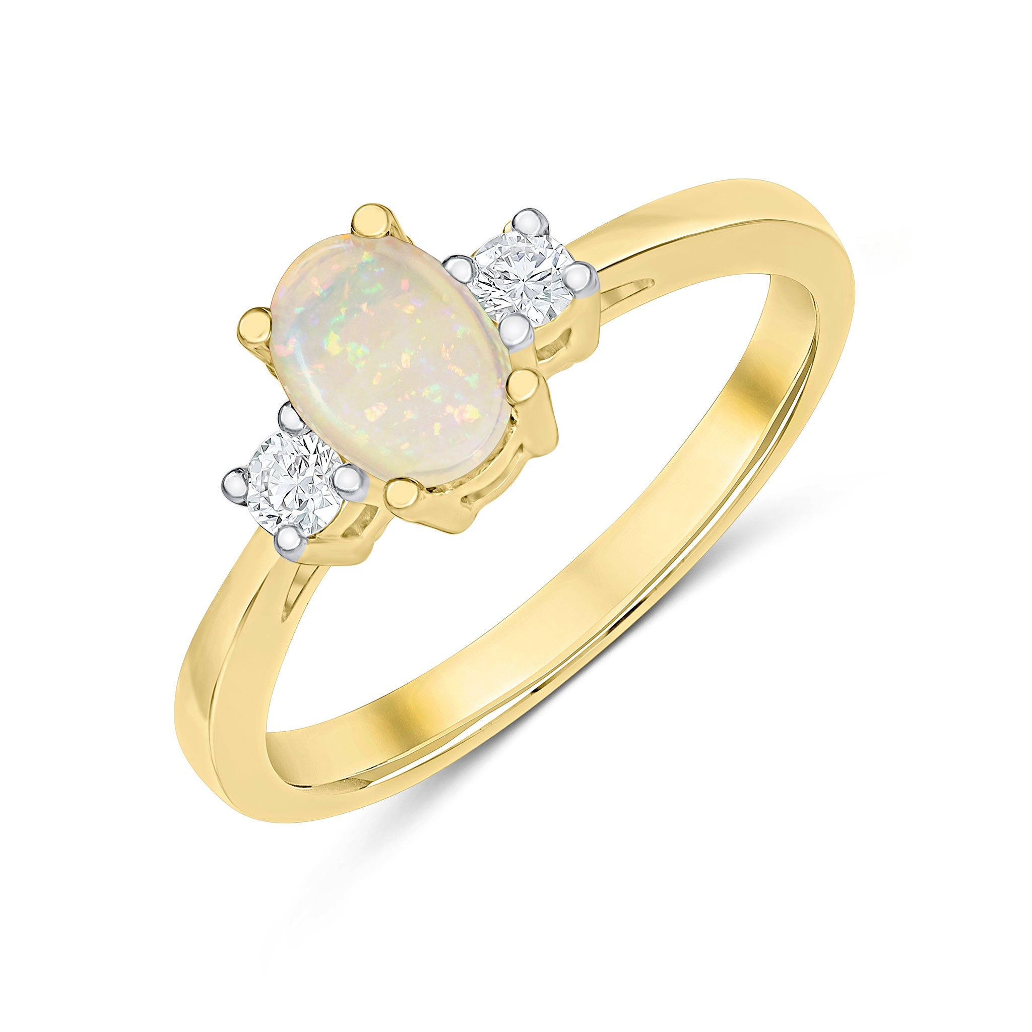 9ct Yellow Gold 6x4 Oval Opal and Round Diamond Claw Set 3 Stone Ring Rhodium to Diamonds