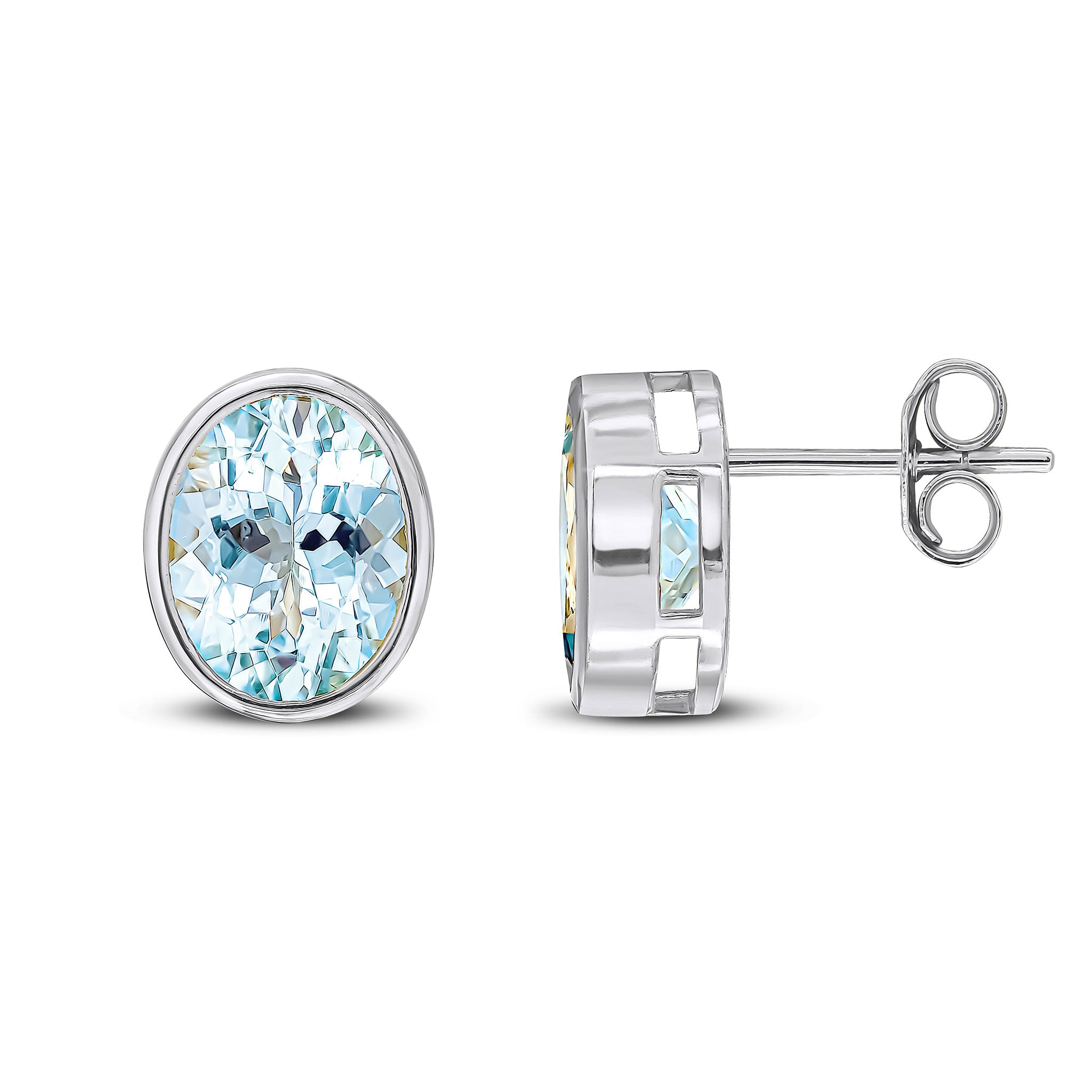 9ct White Gold 9x7 Oval Aquamarine Rubover Earrings