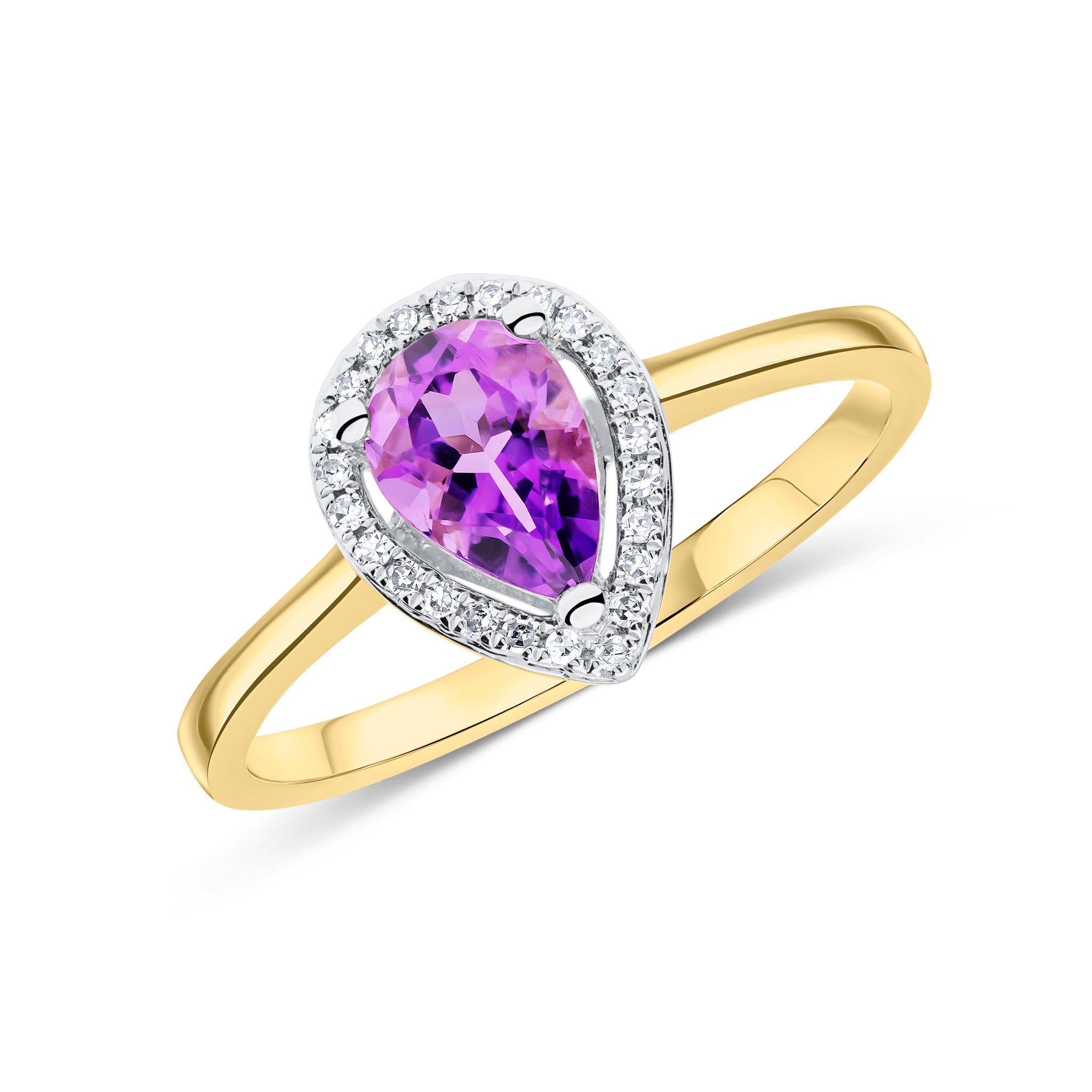 9CT YG 7X5 PEARSHAPE AMETHYST & ROUND DIAMOND CLAW SET HALO CLUSTER RING. RHODIUM TO DIAMONDS 1