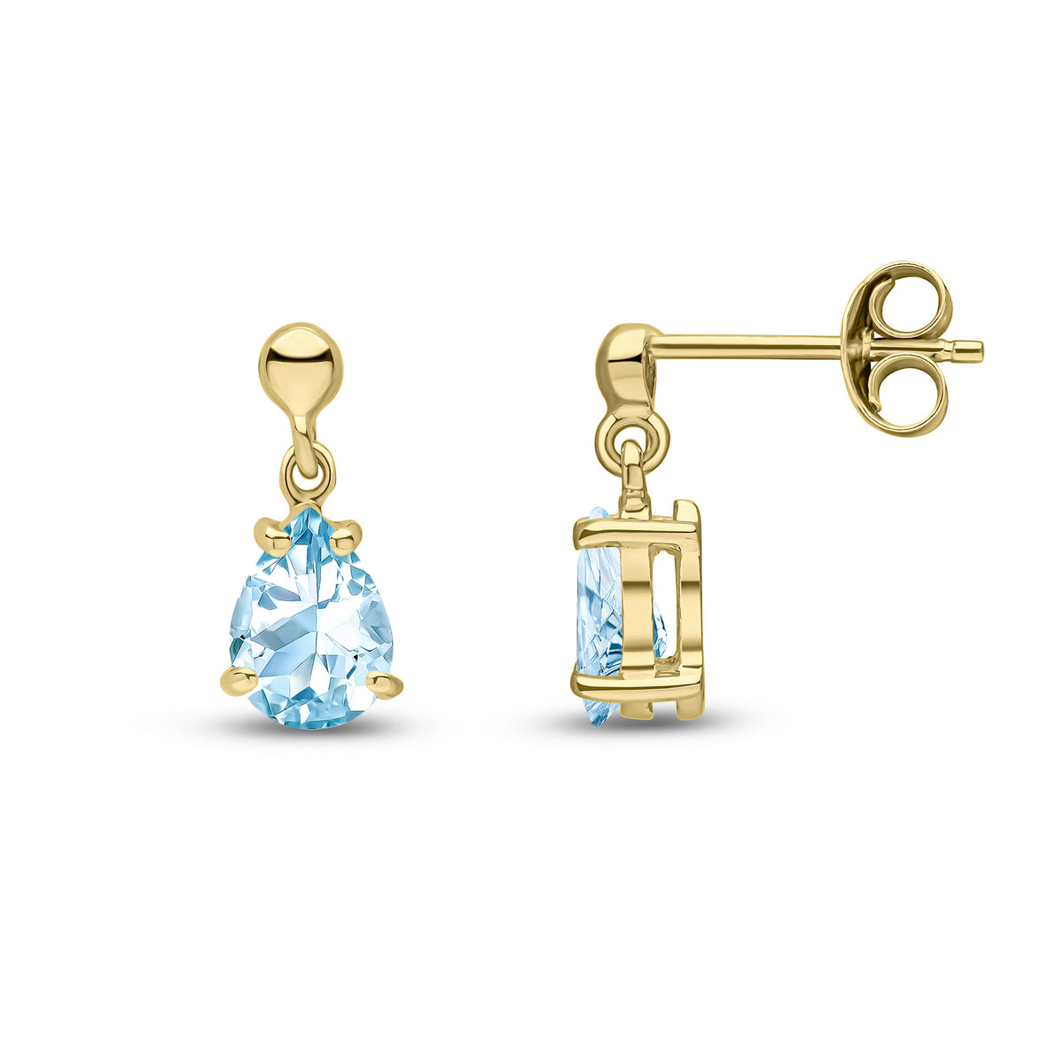 9ct Yellow Gold 7x5 Pear Shape Aquamarine Claw Set Drop Earrings with Bead Top