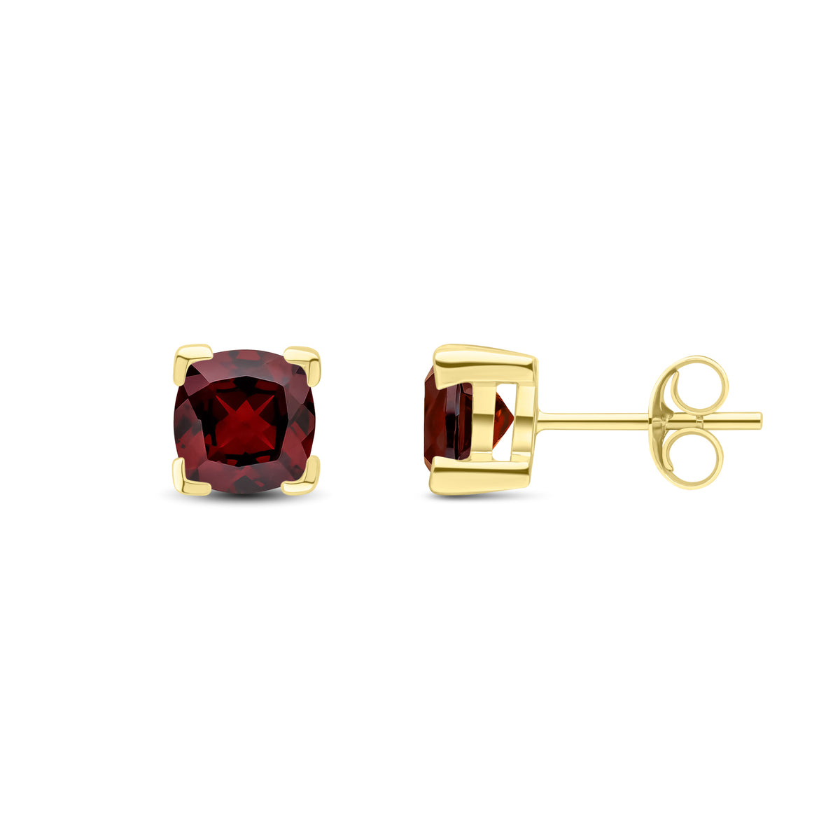 9ct Yellow Gold 6mm Cushion Garnet Claw Set Earrings