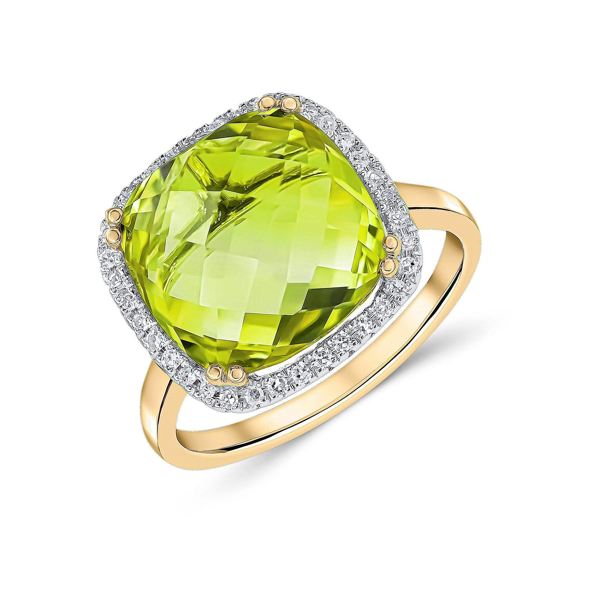 9ct Yellow Gold 12mm Checkerboard Cut Cushion Peridot & Round Diamond Claw Set Cluster Ring Rhdoium to Diamonds