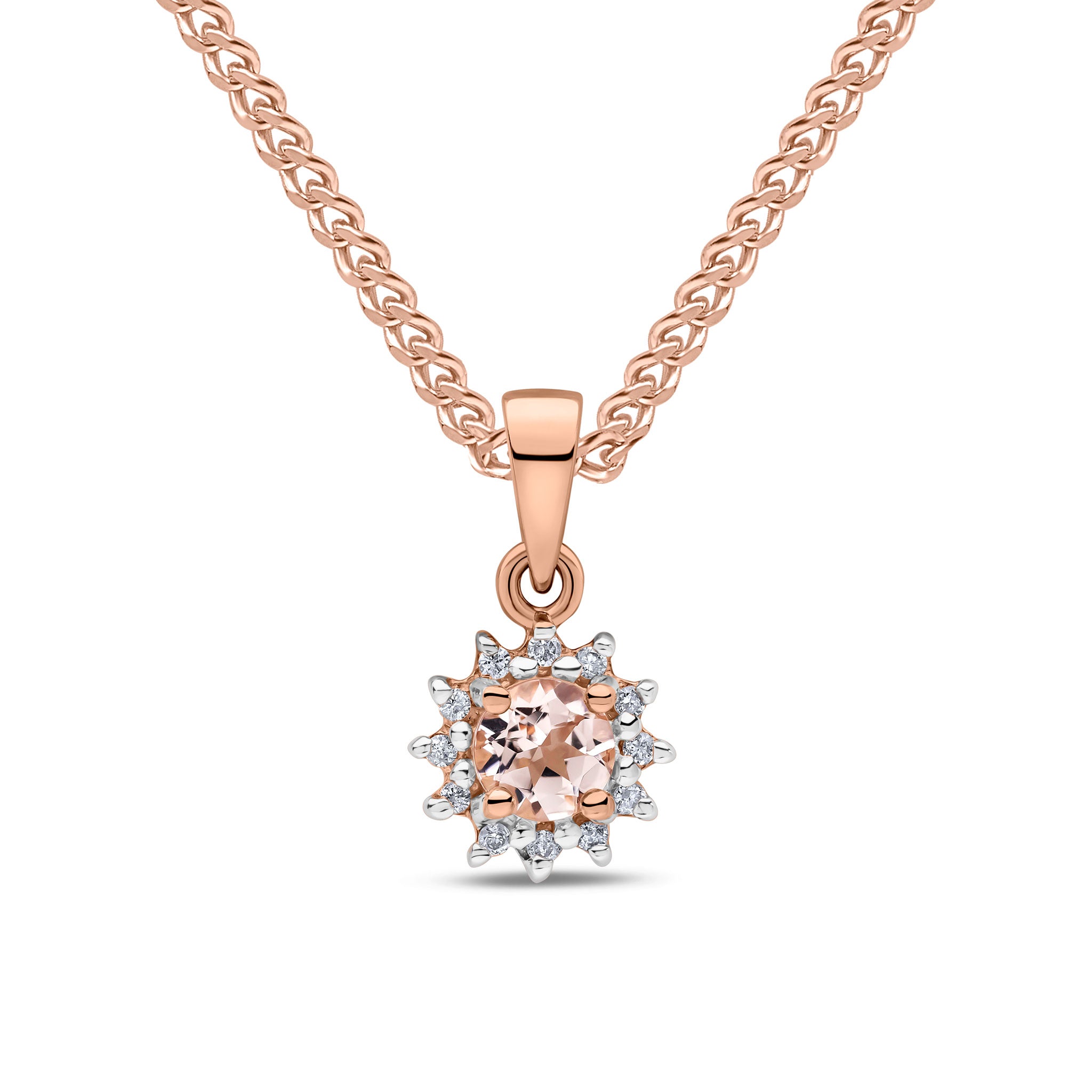 9ct rose gold round morganite & diamond cluster pendant