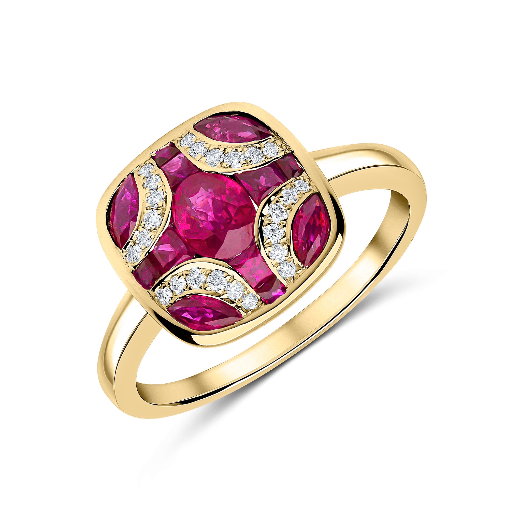 18ct Yellow Gold Ruby & Diamond Shield Ring with Plain Shank
