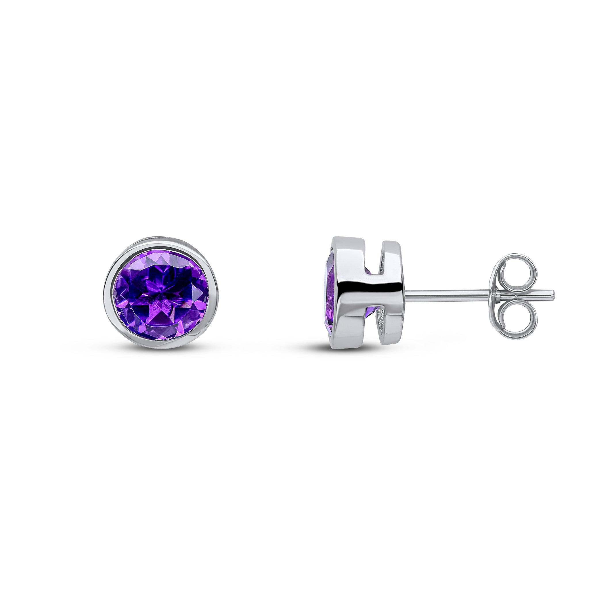 9ct White Gold 6mm Round Amethyst Rubover Earrings