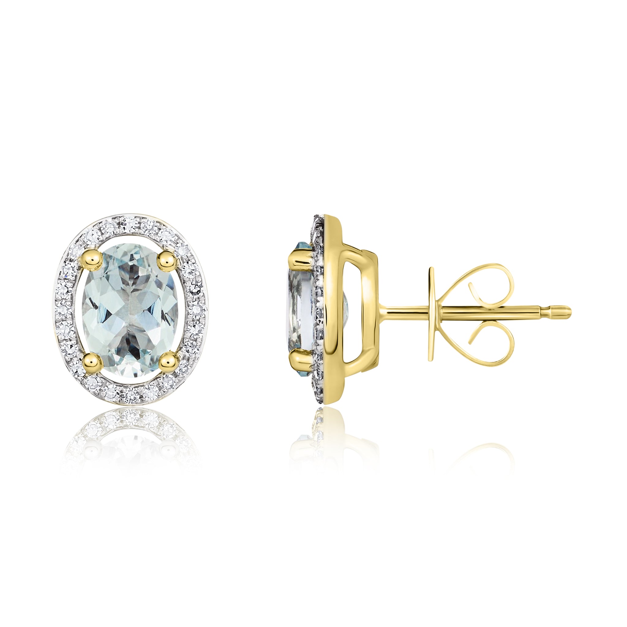 9ct Yellow Gold 7x5 Oval Aquamarine and Round Diamond Claw Set Halo Cluster Earrings Rhodium to Diamonds