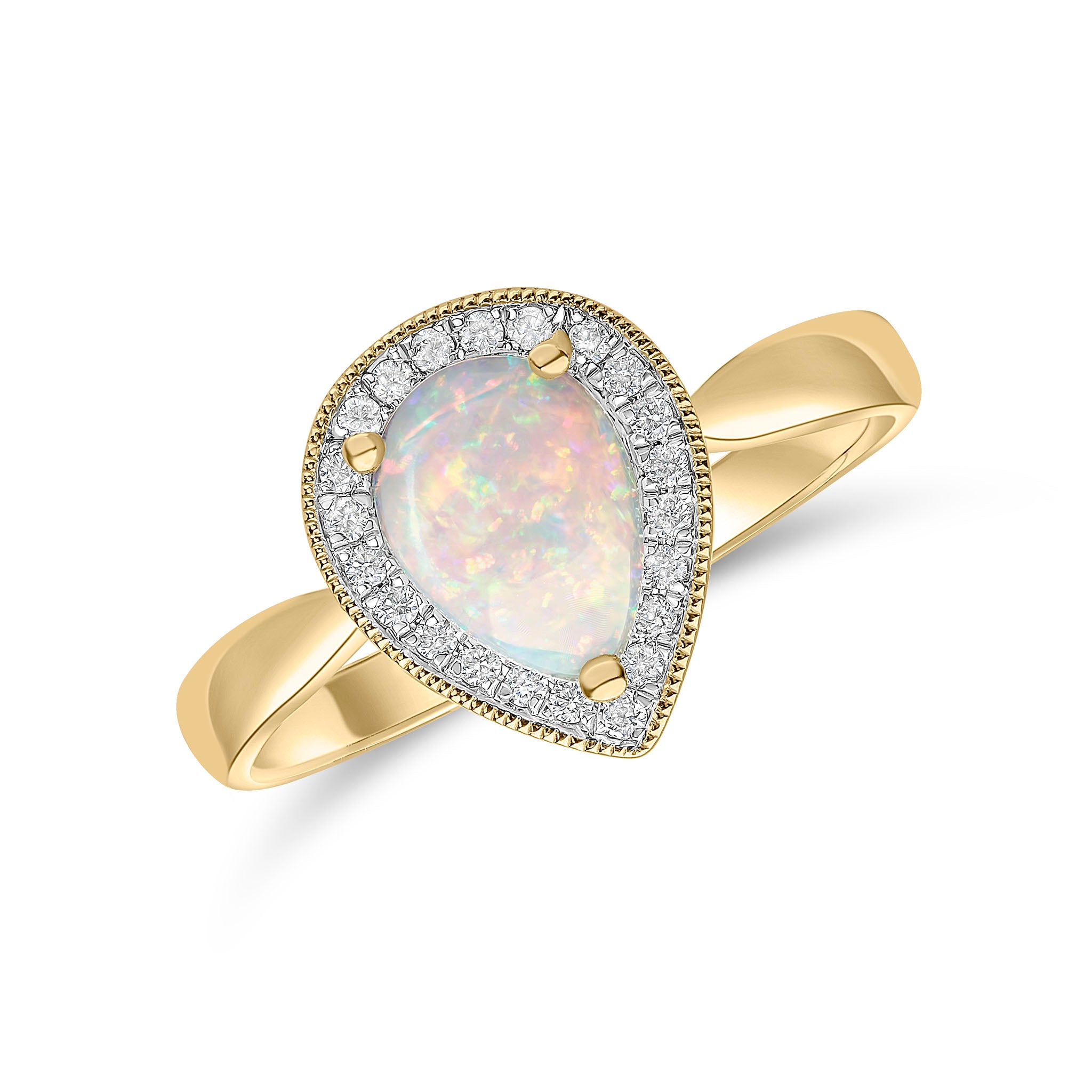 18ct Yellow Gold Claw Set 8x6 Pear Shape Opal & Round Diamond Cluster Ring Milgrain Edge