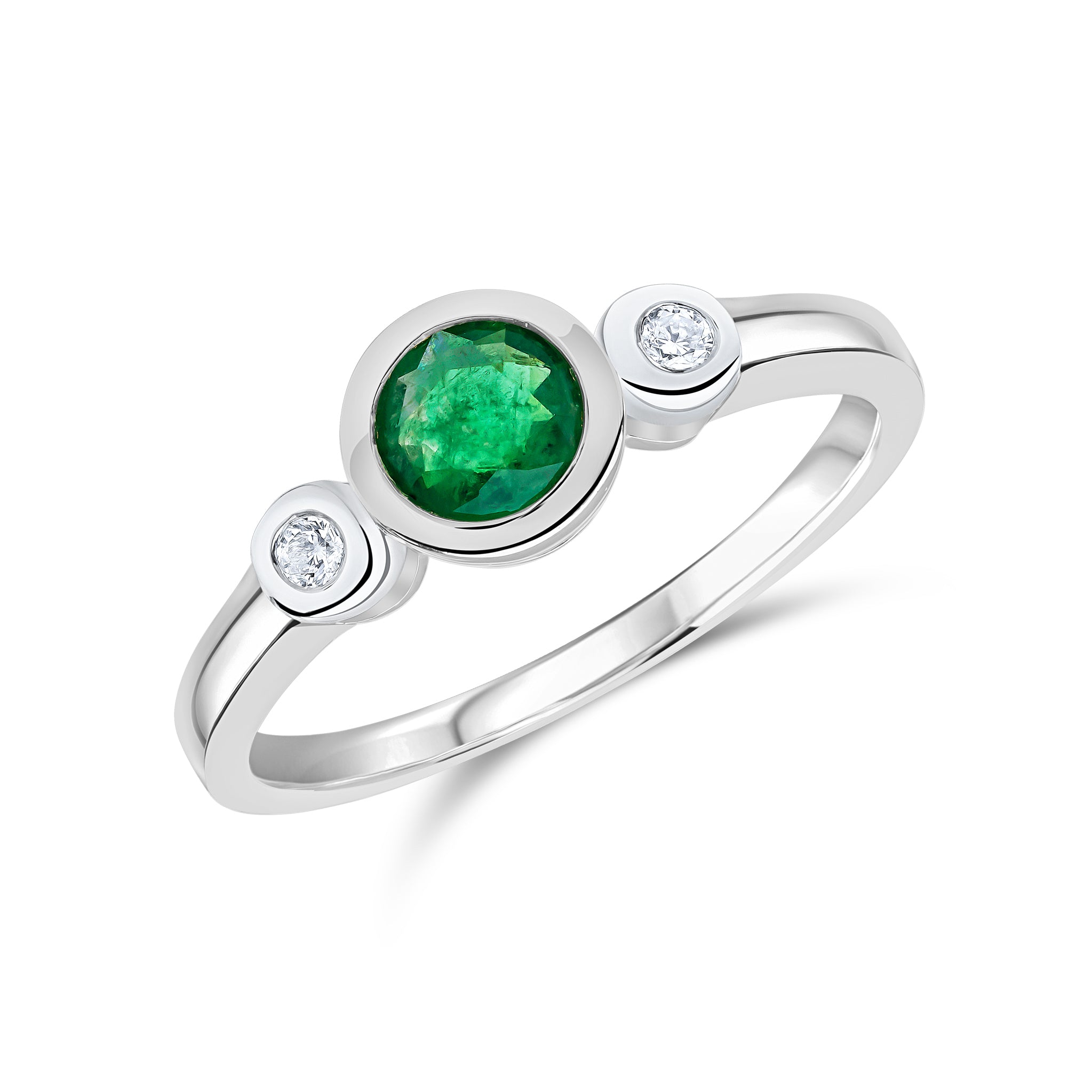 9CT WG 5MM ROUND EMERALD AND DIAMOND RUBOVER 3ST RING 1