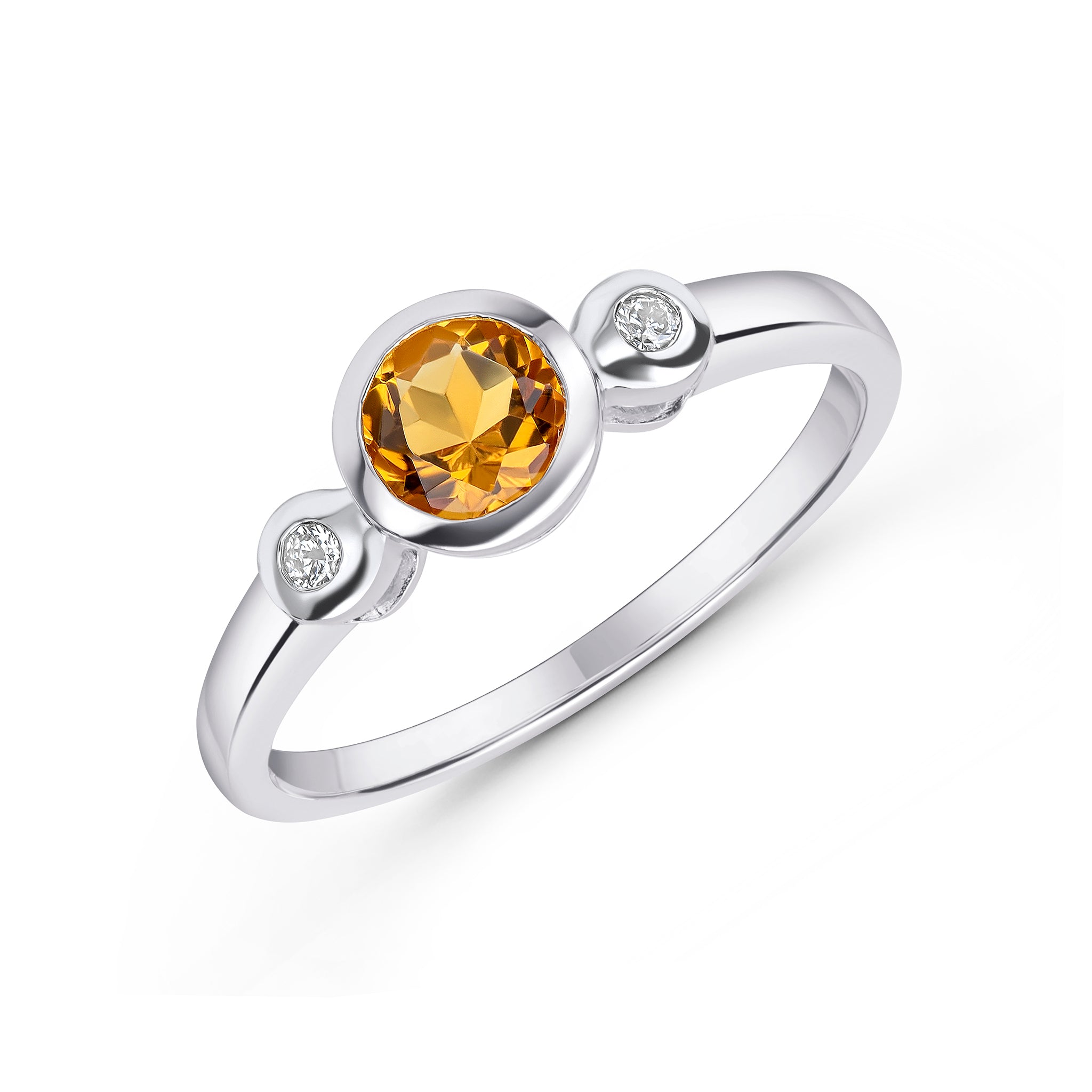 9ct White Gold 5mm Round Citrine and Diamond Rubover 3 Stone Ring
