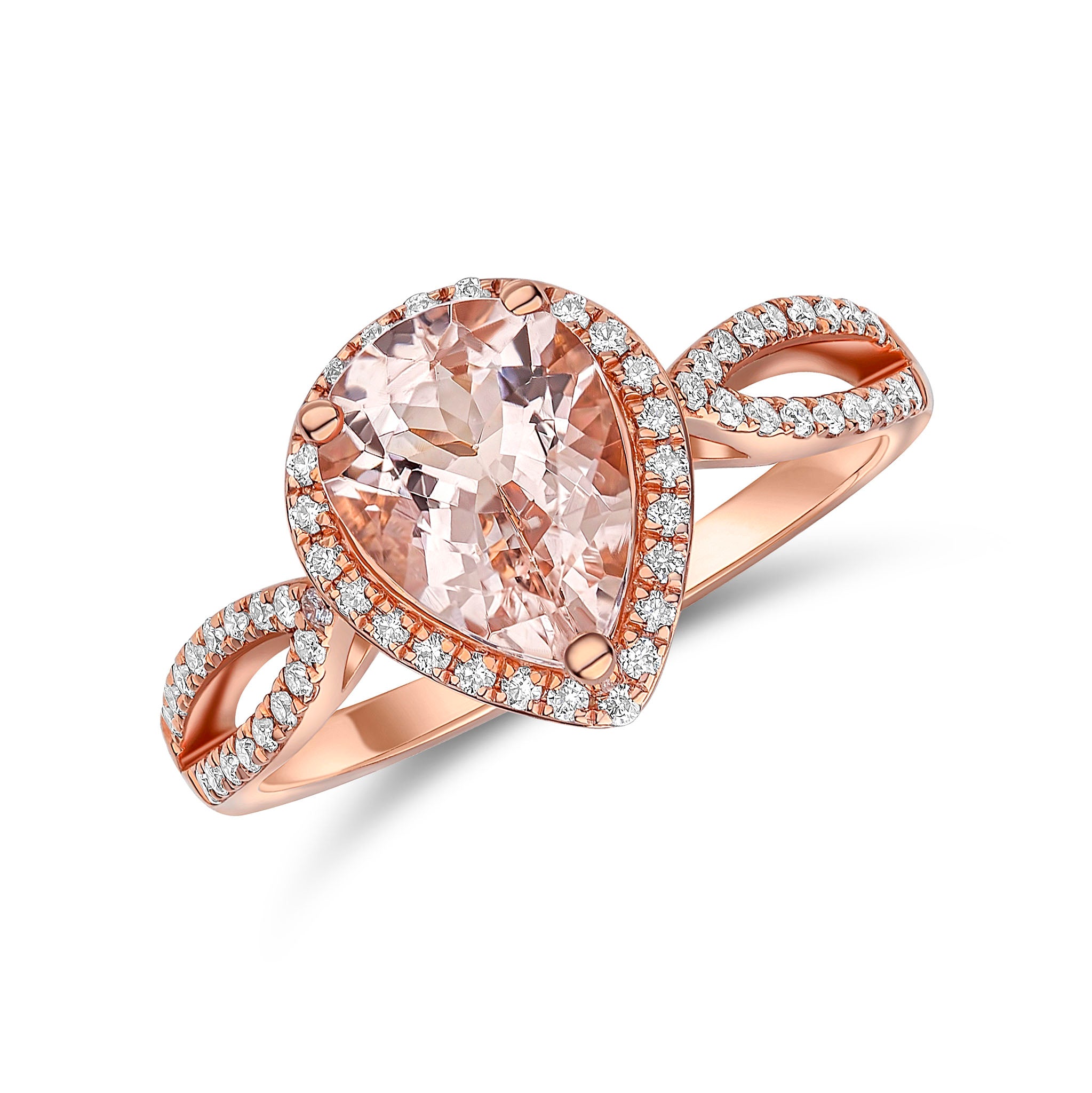 18ct Rose Gold Pear Shape Morganite & Diamond Cluster Ring with Diamond Set Tapered Split Shoulders