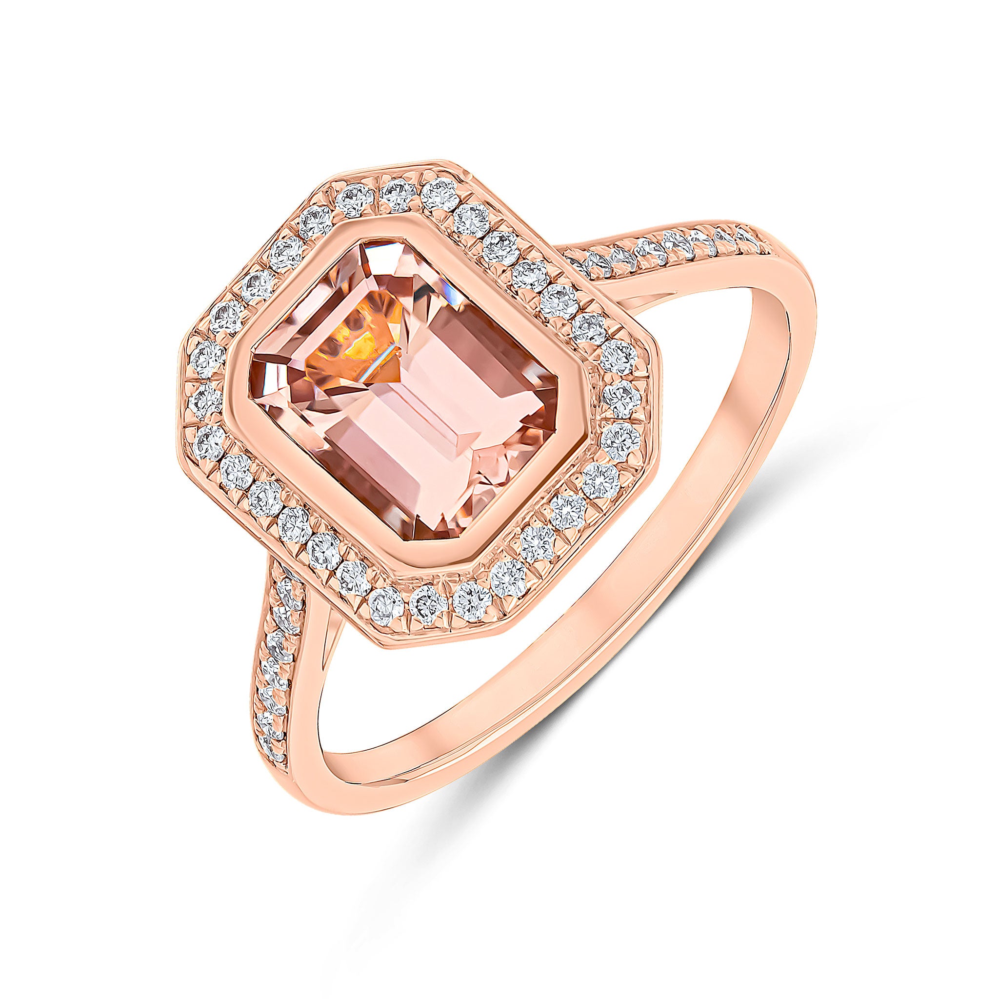 18ct Rose Gold Rubover Octagon Morganite and Graind Set Round Diamond Cluster Ring with Diamond Set Shoulders