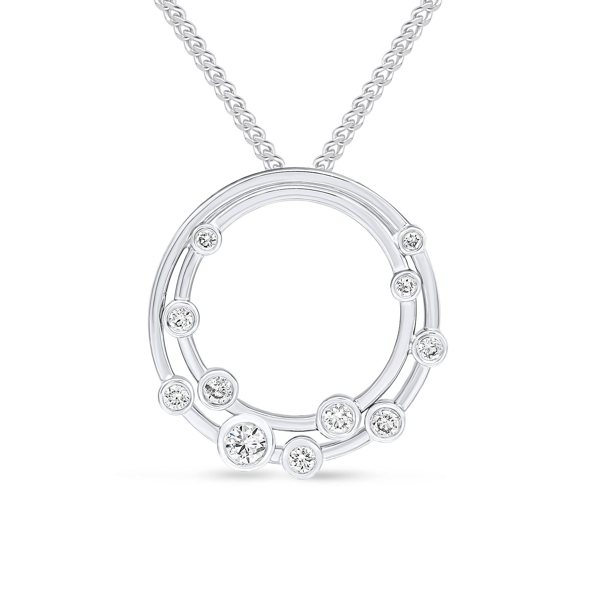 18ct White Gold Rubover Round Diamond 'bubble' Double Circle Slider Pendant 18mm Diameter