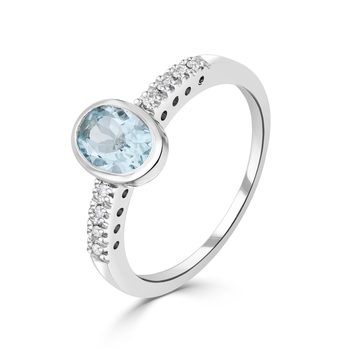 9ct White Gold Rubover 7x5 Oval Aquamarine Single Stone Ring with Claw Set Diamond Shoulders