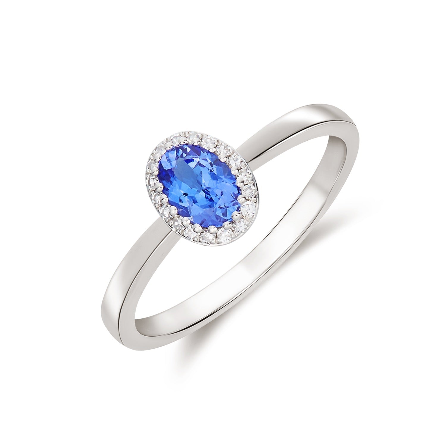 9CT WHITE GOLD OVAL TANZANITE AND DIAMOND CLAW CLUSTER RING 1