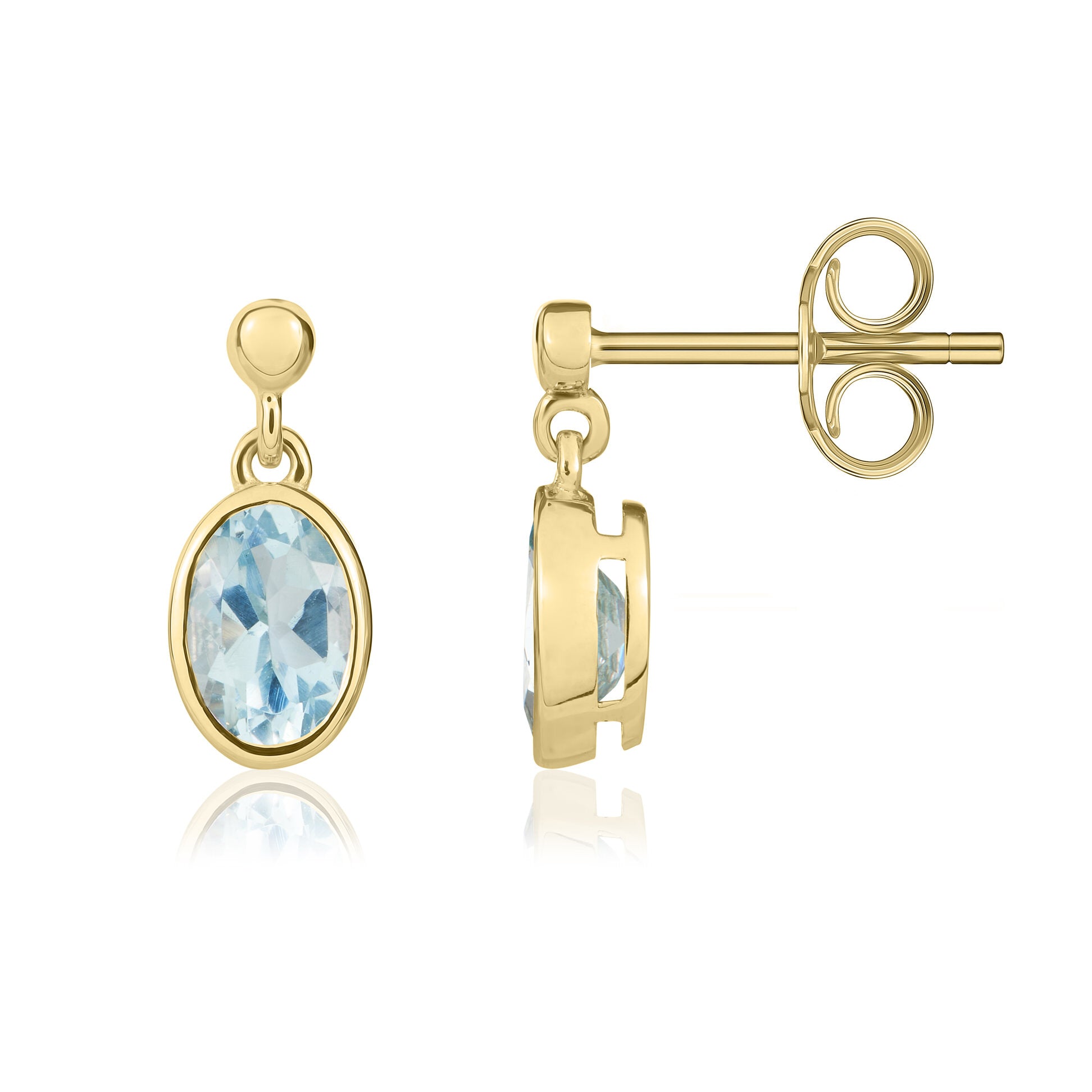 9ct Yellow Gold 6x4 Oval Aquamarine Rubover Drop Earrings with 2.5mm Bead Top