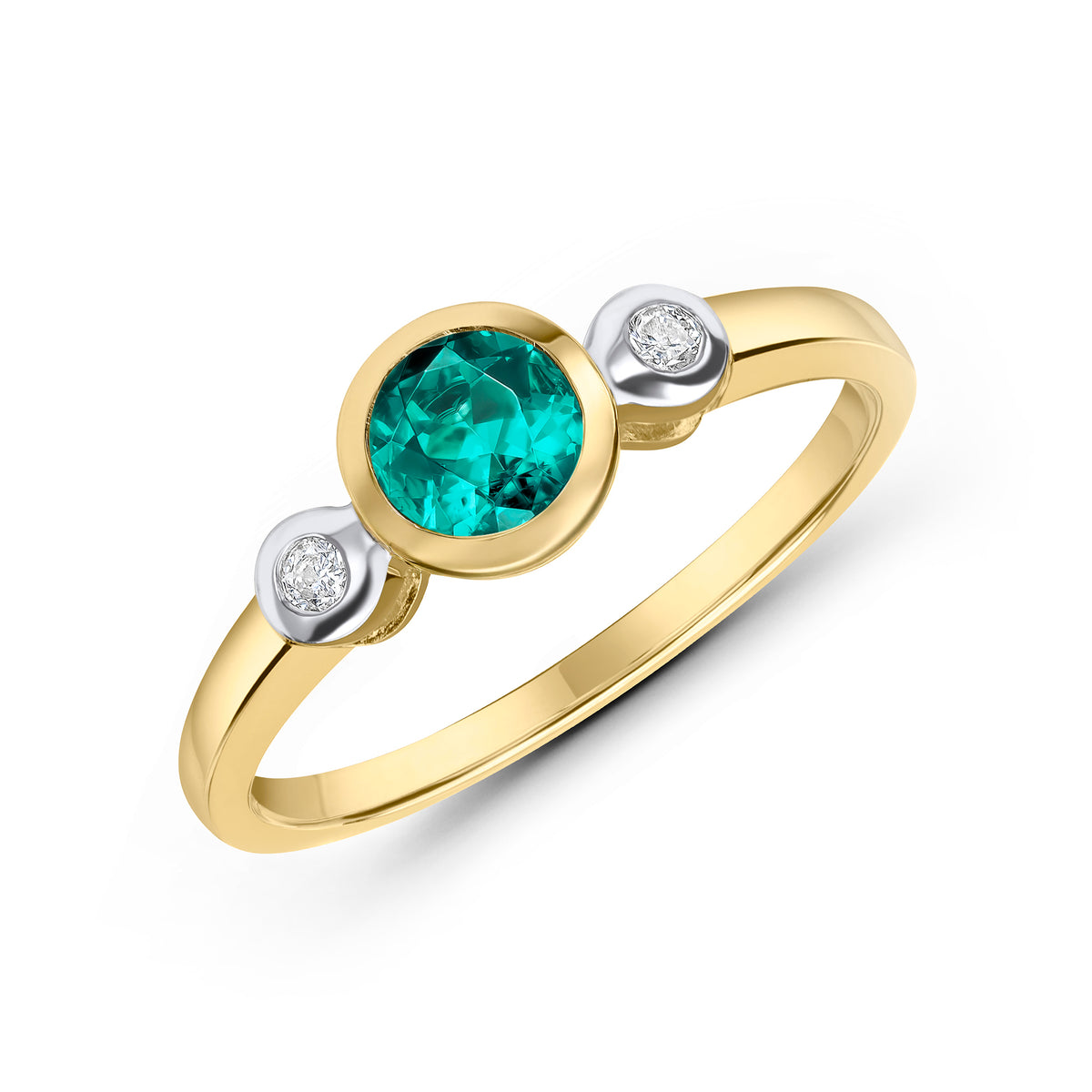 9ct Yellow Gold 5mm Round Green Tourmaline and Diamond Rubover 3 Stone Ring Rhodium to Diamonds