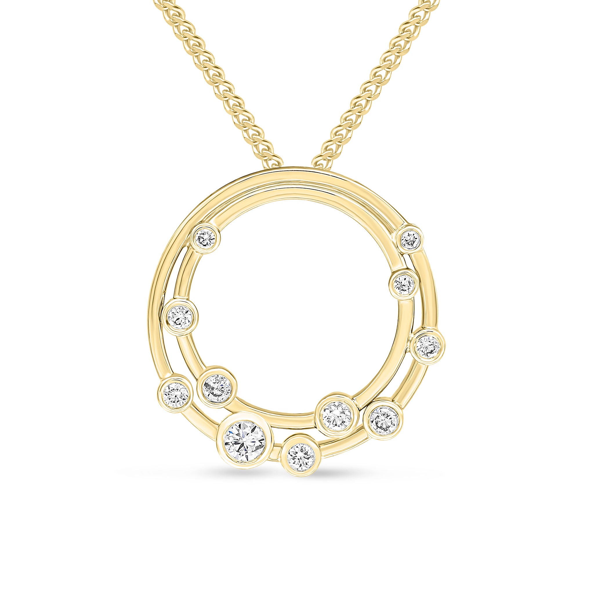 18ct Yellow Gold Rubover Round Diamond 'bubble' Double Circle Slider Pendant 18mm Diameter