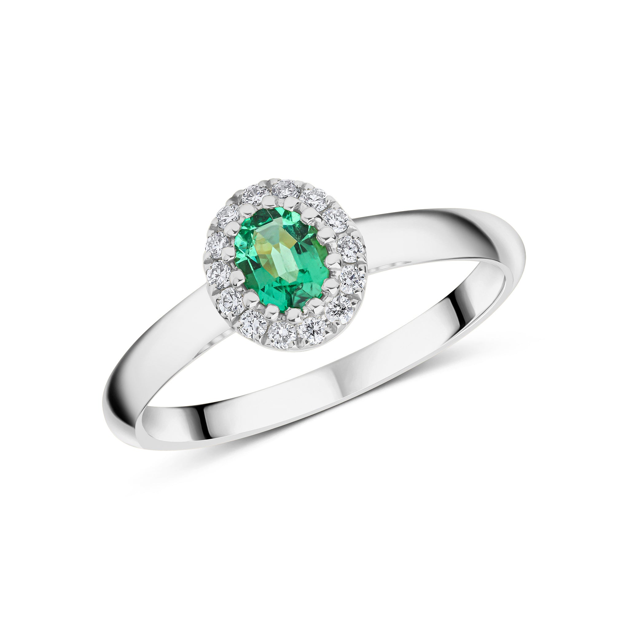 18ct White Gold 5x4 Oval Emerald & Diamond Claw Cluster Ring