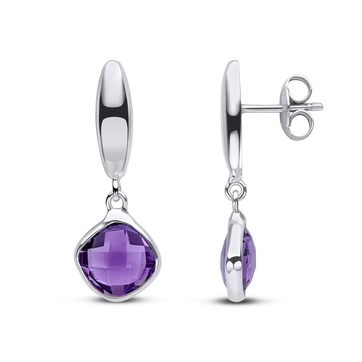 9ct White Gold Checkerboard Cushion Amethyst and Polished Torpedo Top Drop Earrings