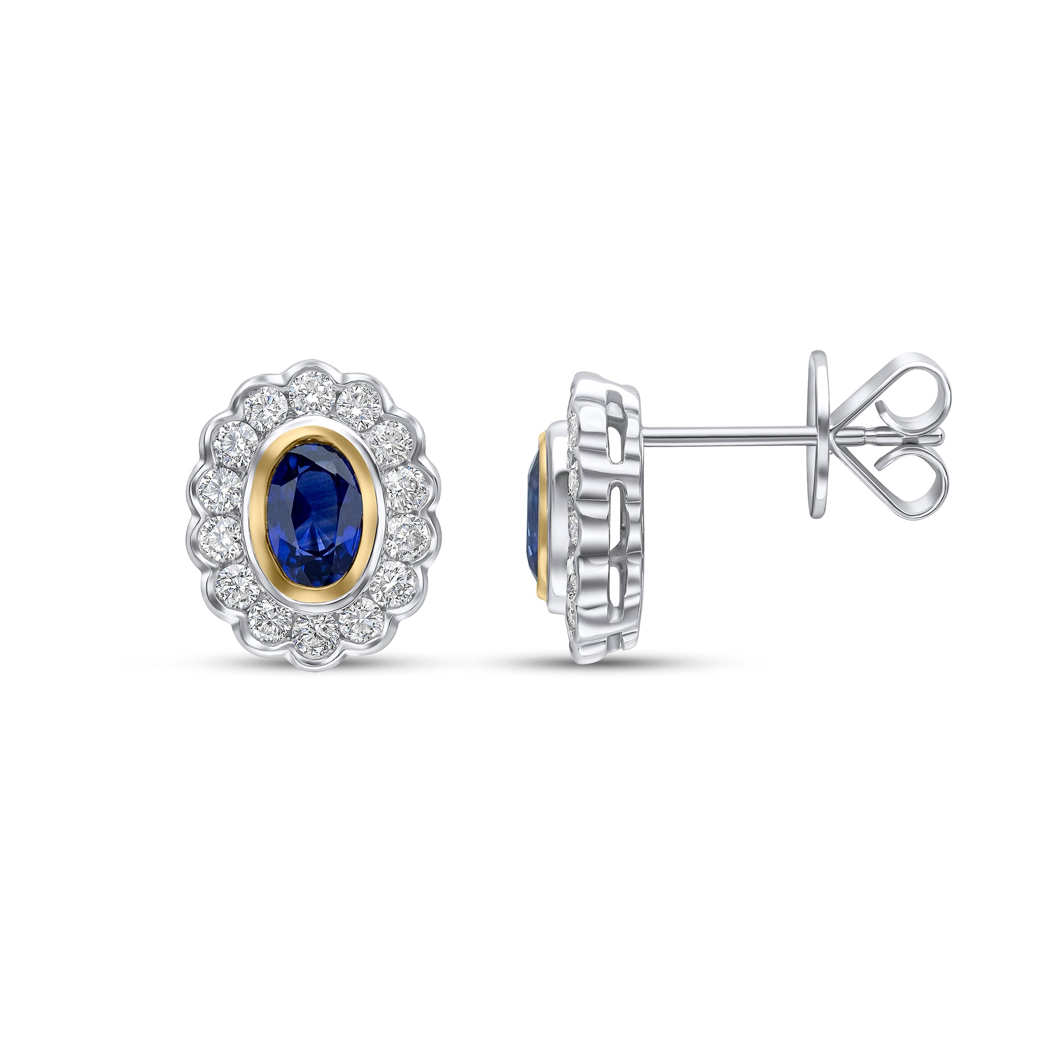 18ct Ywg Oval Sapphire and Round Diamond Rubover Cluster Earrings