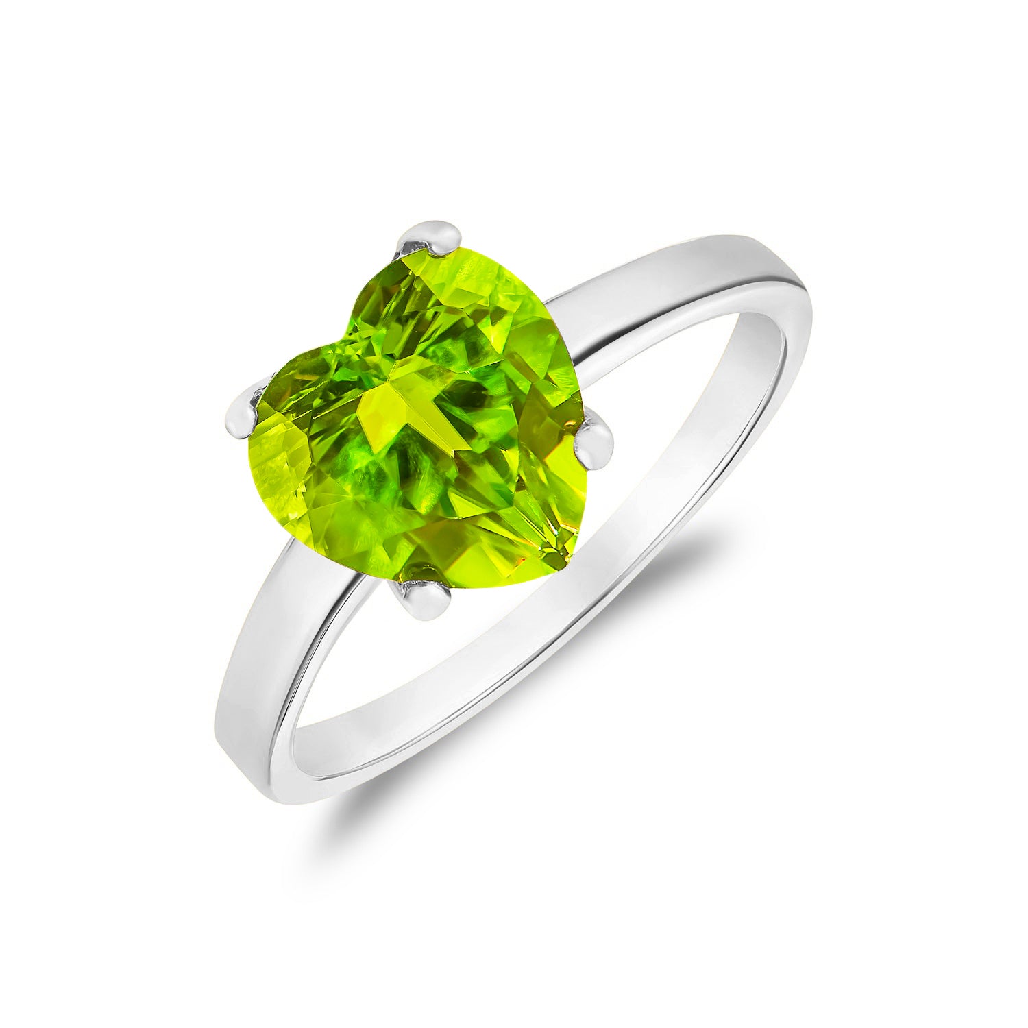9ct White Gold 8mm Heart Peridot Claw Set Single Stone Ring