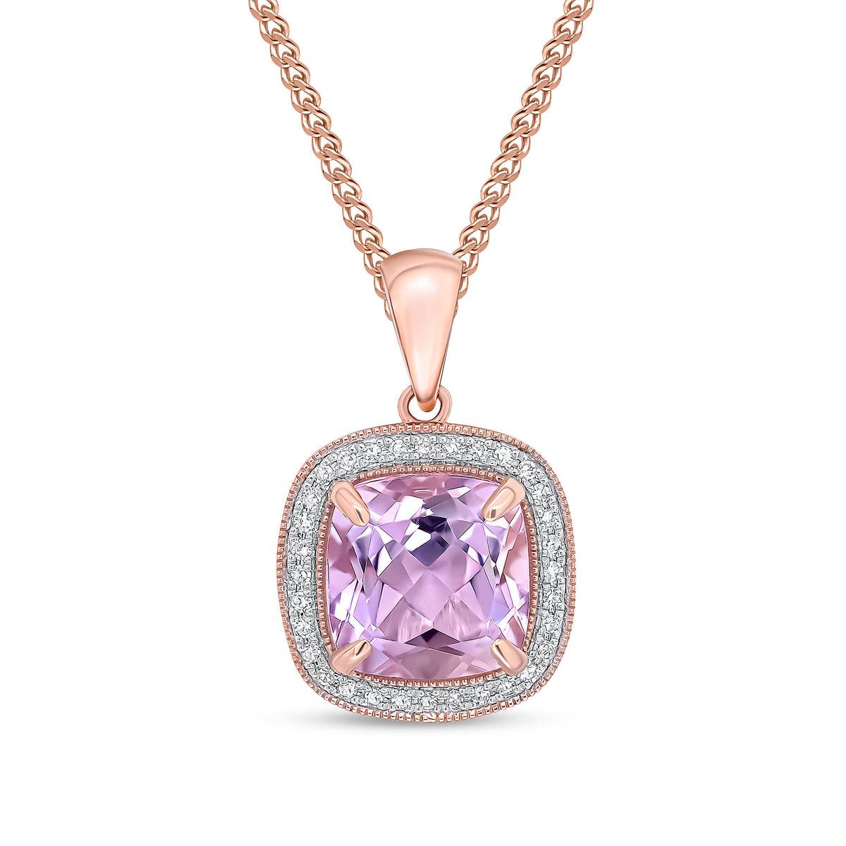 9ct Rose Gold 9mm Cushion Pink Amethyst & Diamond Cluster Pendant Milgrain Edge