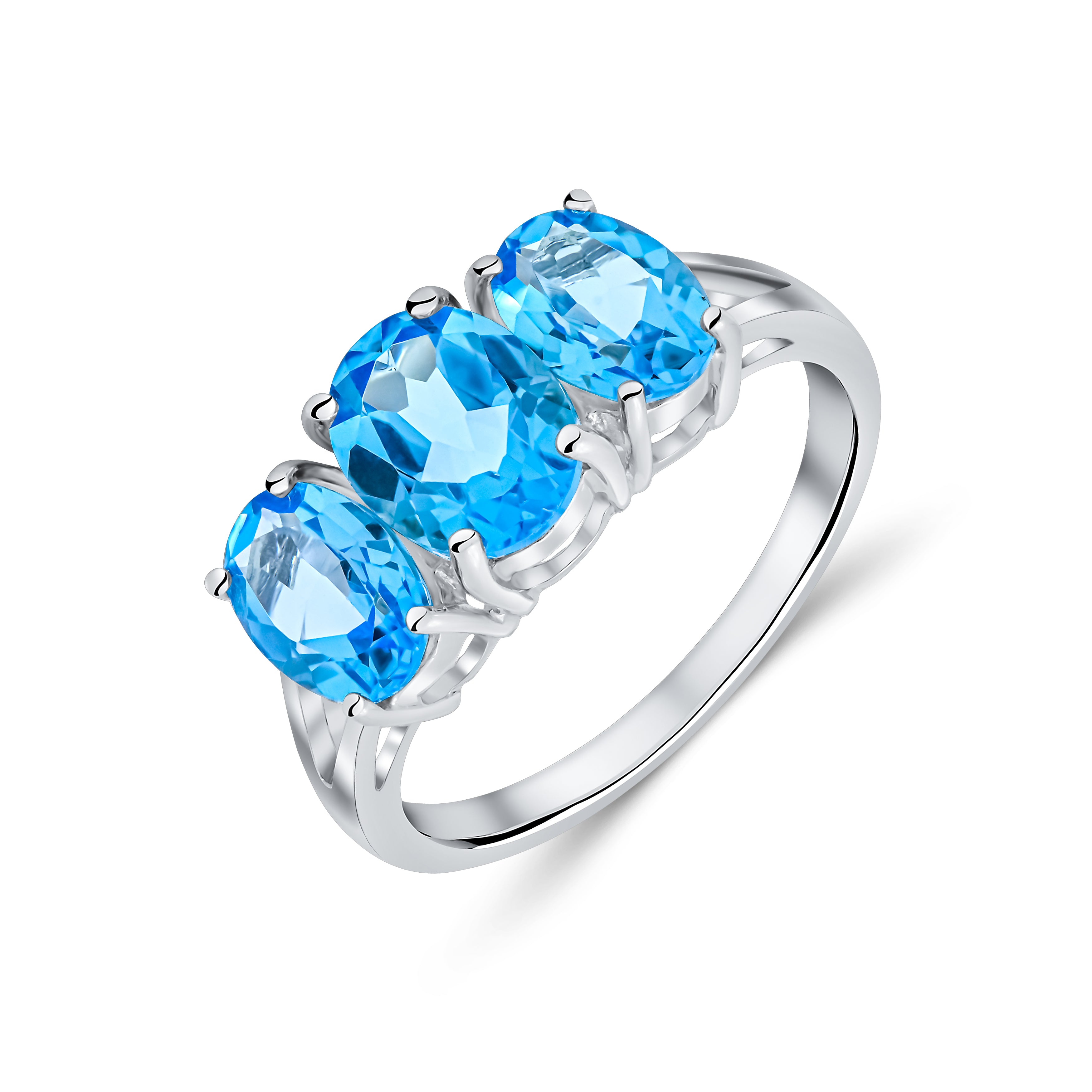 9ct White Gold Oval Swiss Blue Topaz Claw Set 3 Stone Ring with Split Shoulders