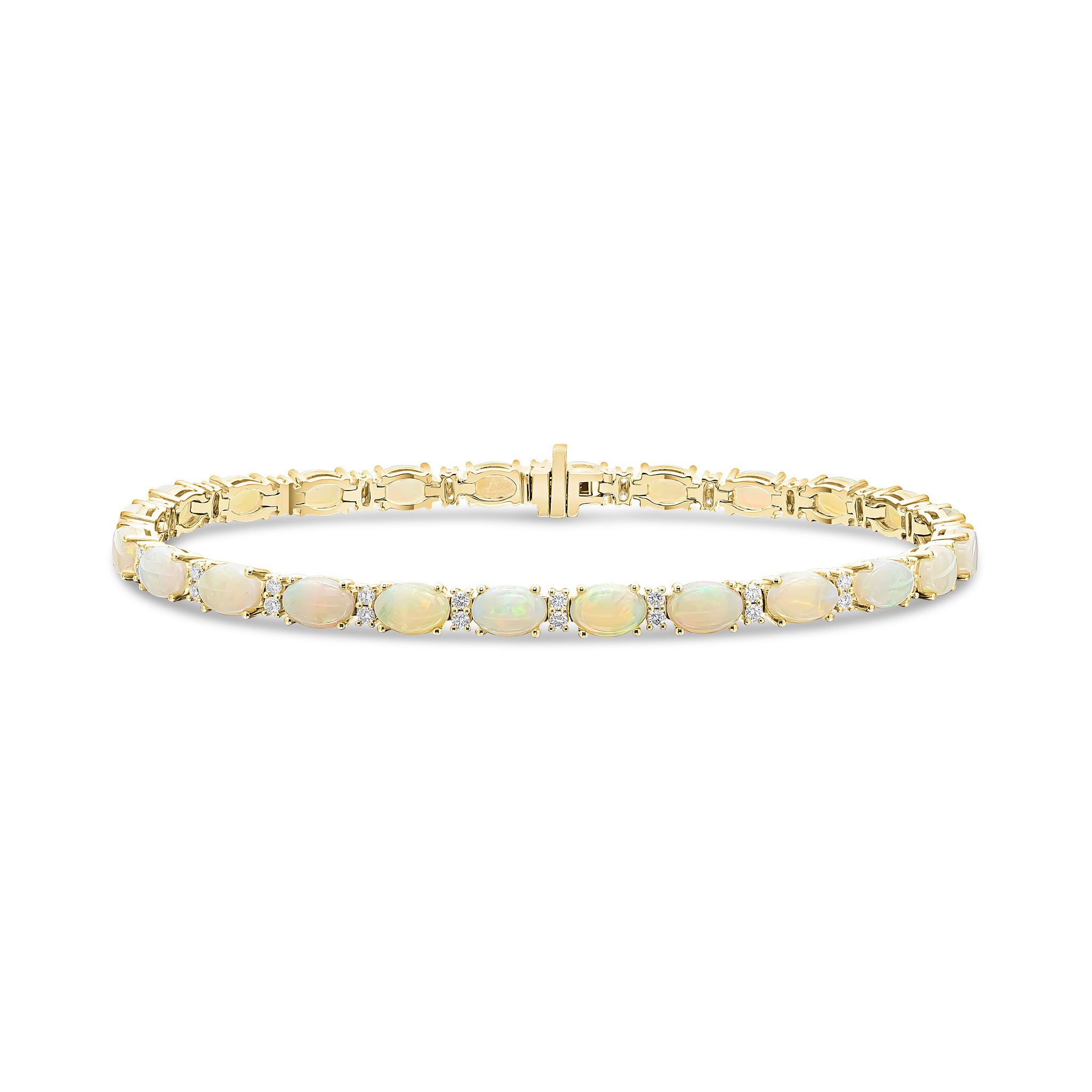18ct Yellow Gold Oval Opal & Round Diamond 2 Stone Claw Set Line Bracelet