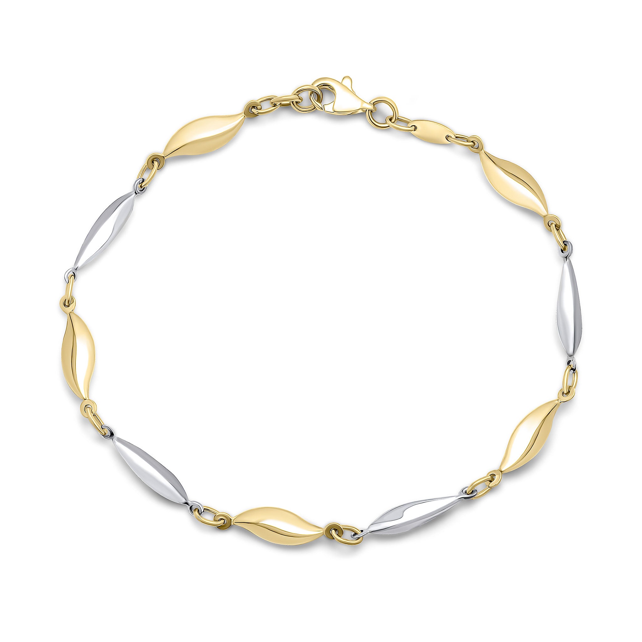 9ct Two Tone Yellow White Gold Wavy Marquise Shaped Links Design Bracelet 7.5"