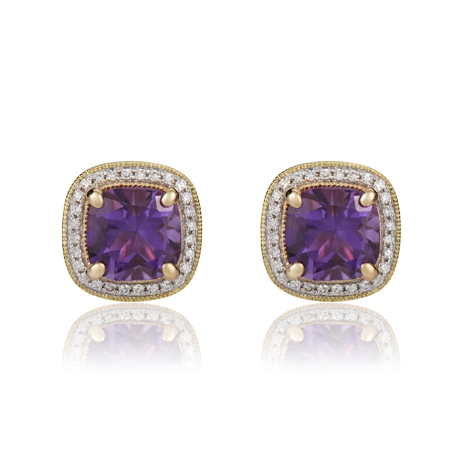 9ct Yellow Gold 7mm Cushion Amethyst and Diamond Cluster Earrings with Milgrain Edge Rhodium to Diamonds