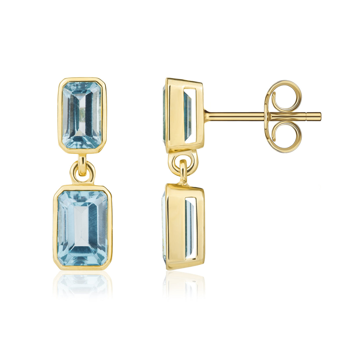 9ct Yellow Gold Octagon Swiss Blue Topaz Rubover 2 Stone Drop Earrings