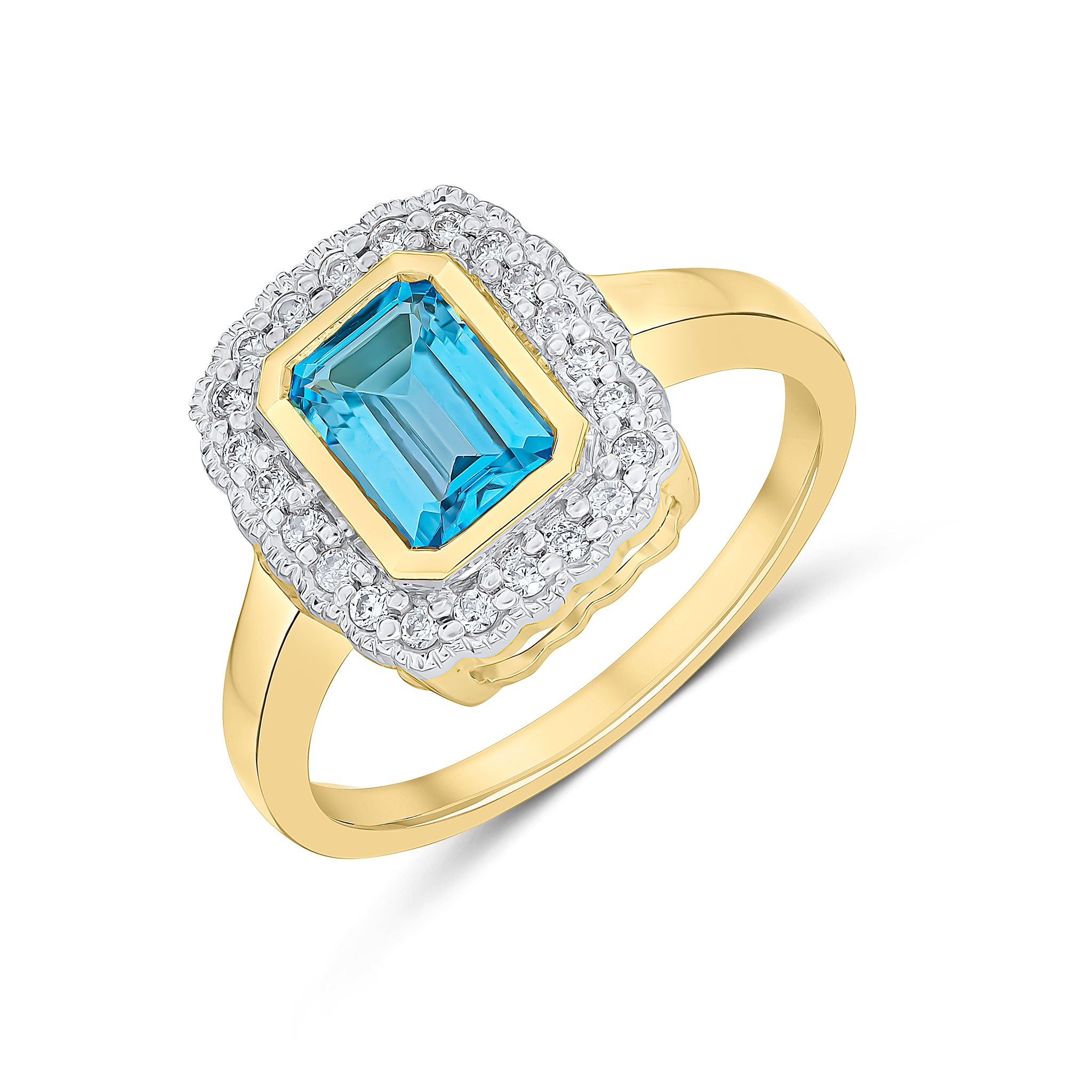 9CT YG RUBOVER 7X5 OCTAGON SWISS BLUE TOPAZ AND DIAMOND CLUSTER RING WITH MILLEGRAIN EDGE. RHODIUM TO DIAMONDS 1