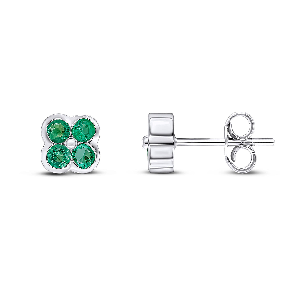 9ct White Gold Round Emerald 4 Stone Rubover Stud Earrings