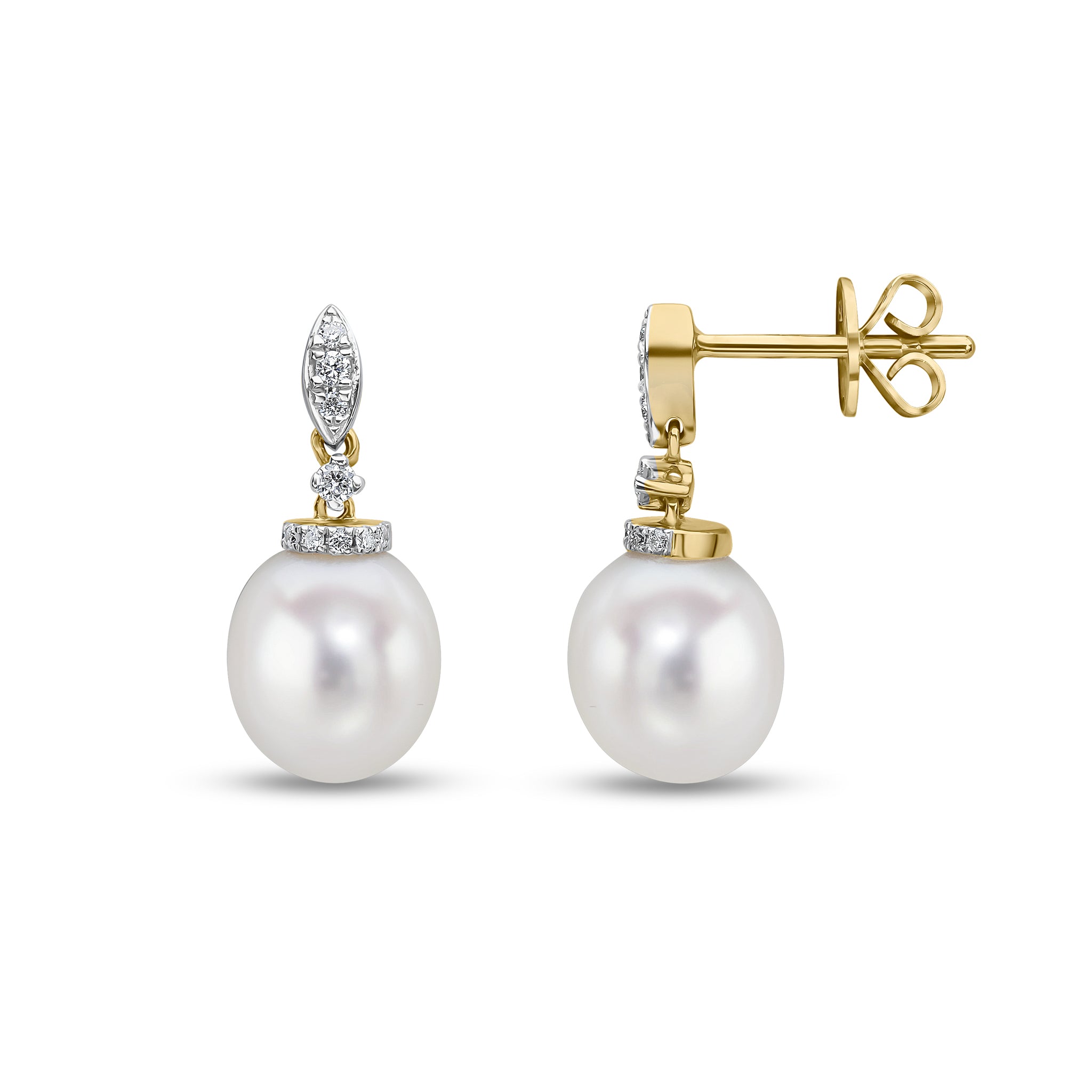 18ct Yellow Gold Cfw Pearl and Diamond Marquise Top and Cap Drop Earrings Rhodium to Diamonds