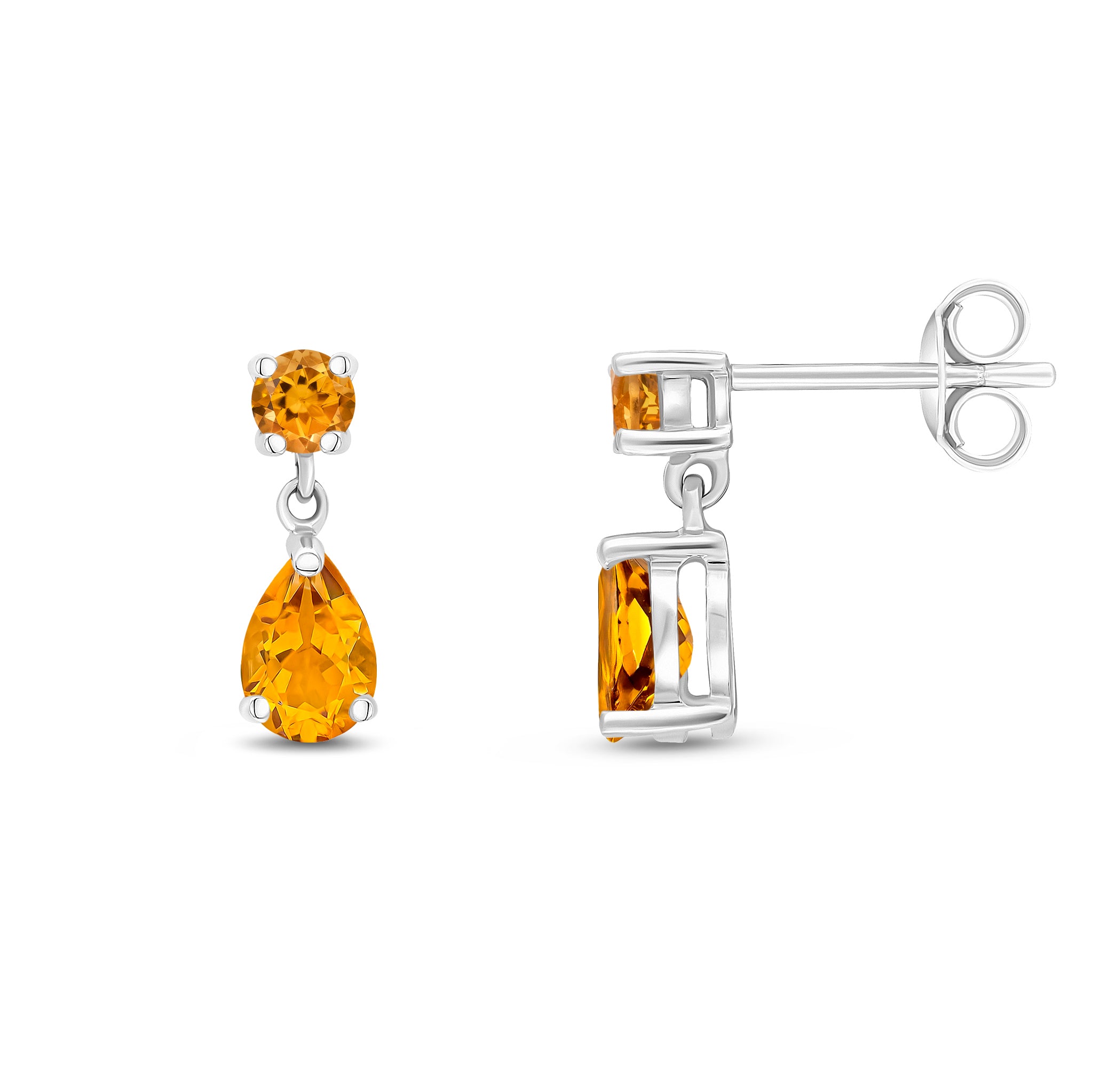 9ct White Gold Round and Pear Shape Citrine 2 Stone Claw Set Drop Earrings