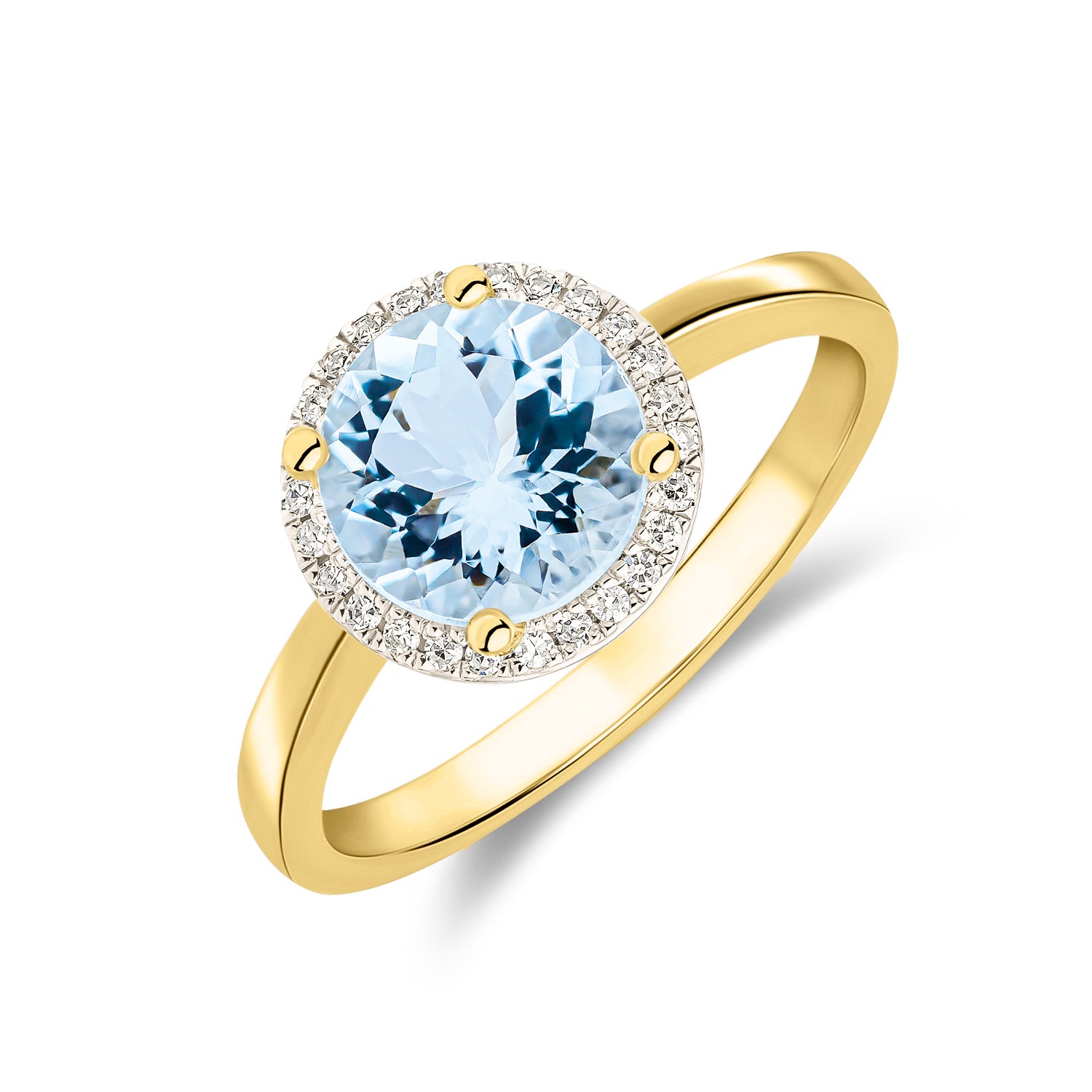 9ct Yellow Gold 8mm Round Aquamarine & Diamond Micro Set Cluster Ring