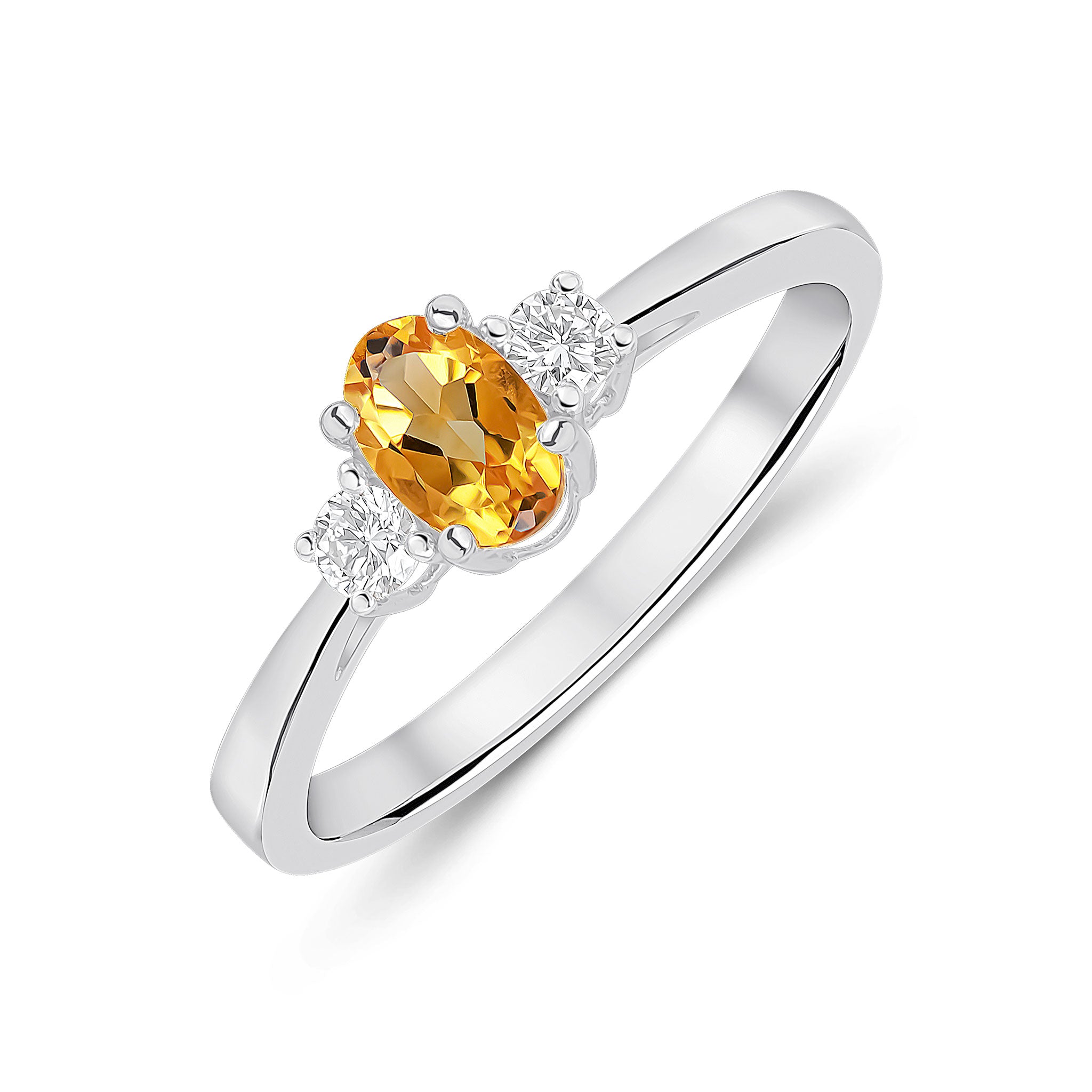 9ct White Gold 6x4 Oval Citrine and Round Diamond Claw Set 3 Stone Ring
