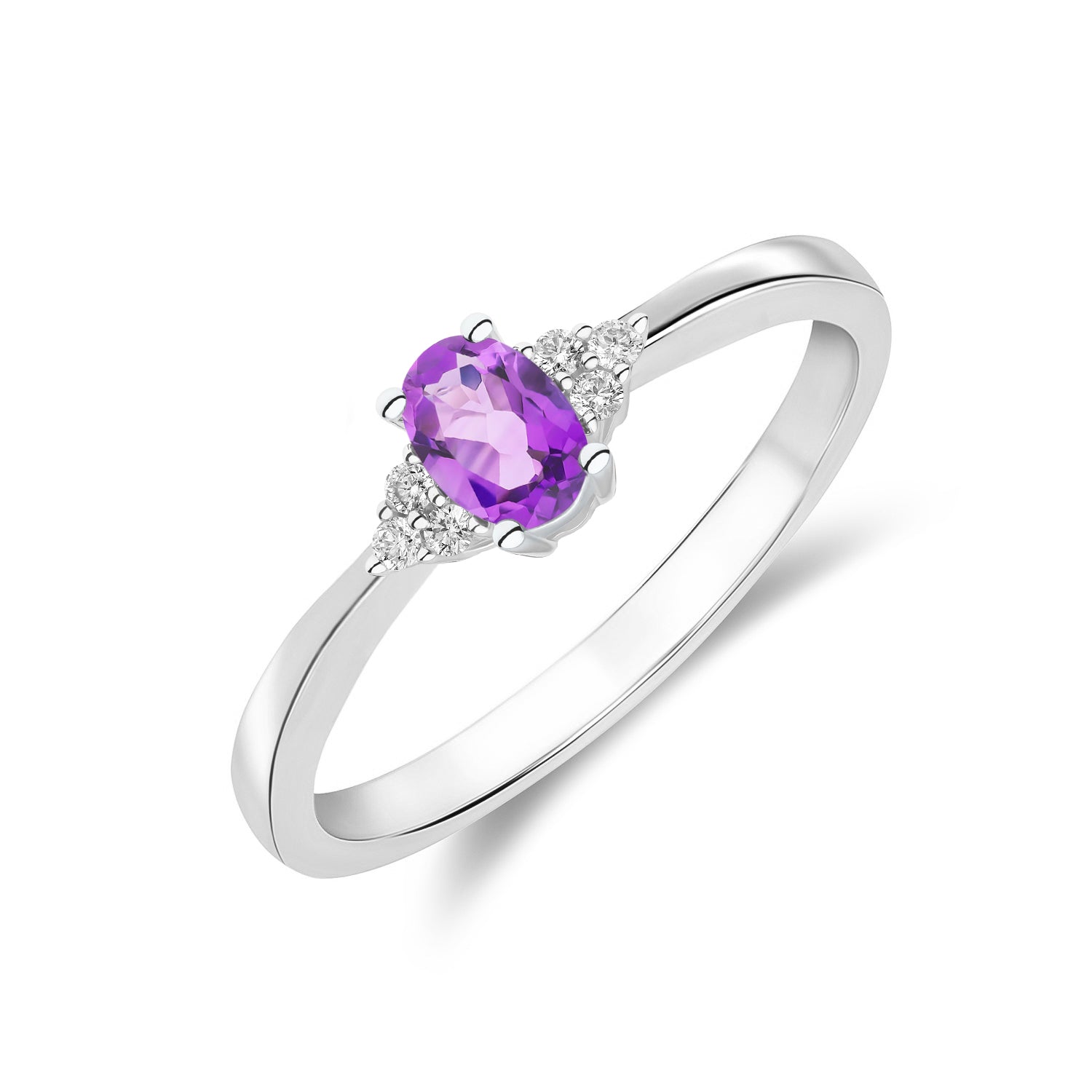 9CT WG 6X4 OVAL AMETHYST AND ROUND DIAMOND TREFOIL SHOULDERS RING 1