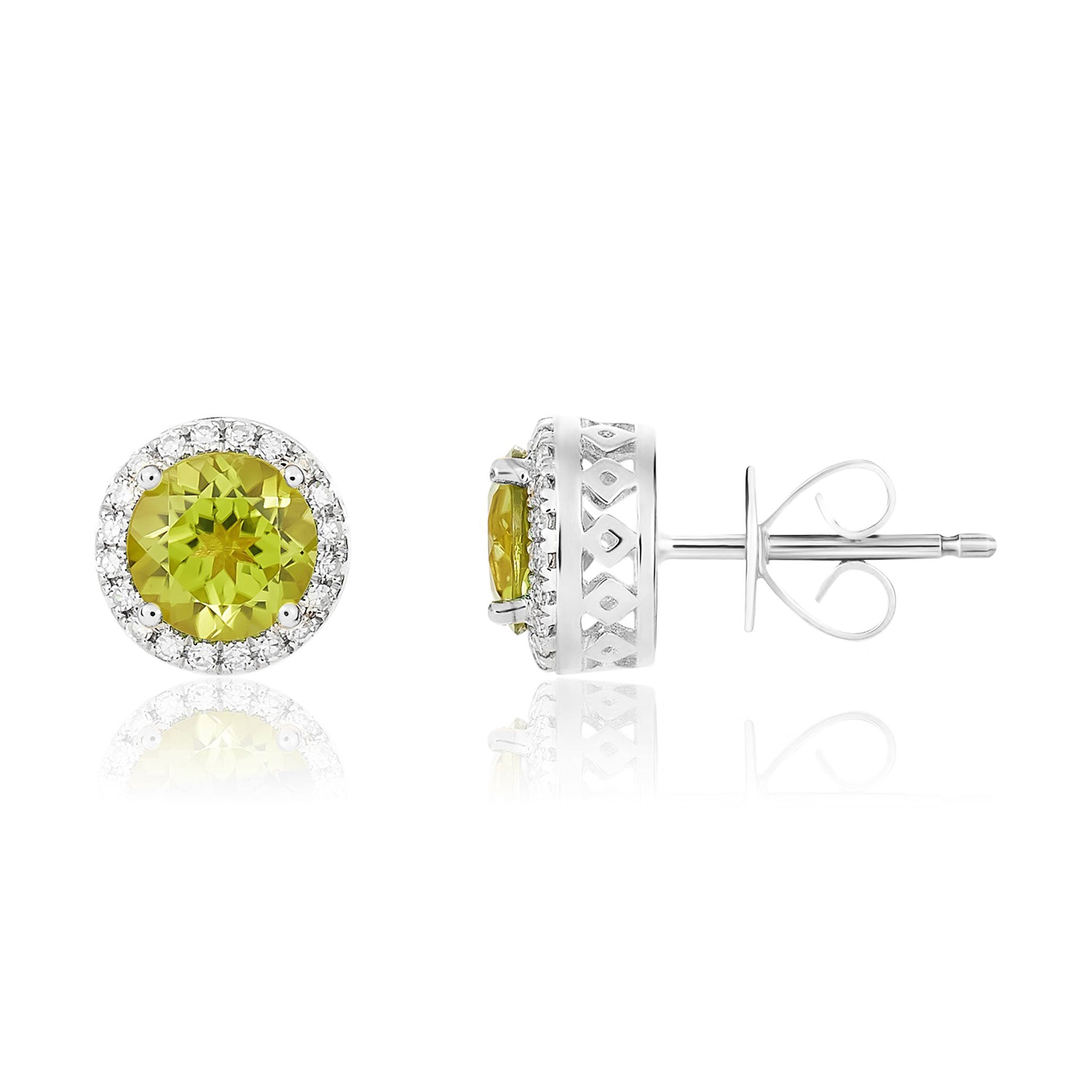 9ct White Gold 6mm Round Peridot and Diamond Claw Cluster Earrings