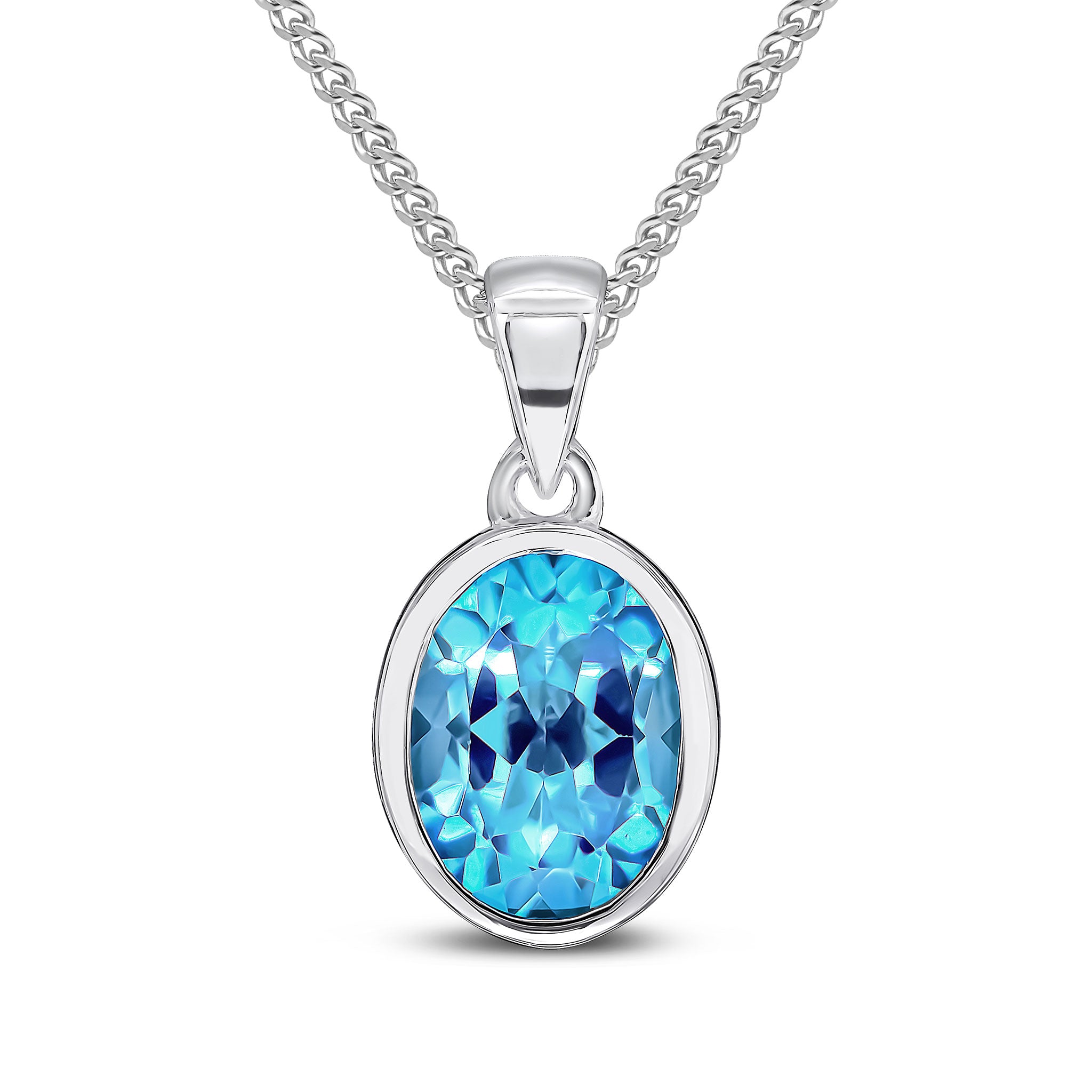 9ct White Gold 9x7mm Oval Swiss Blue Topaz Single Stone Rubover Pendant with Plain Loop