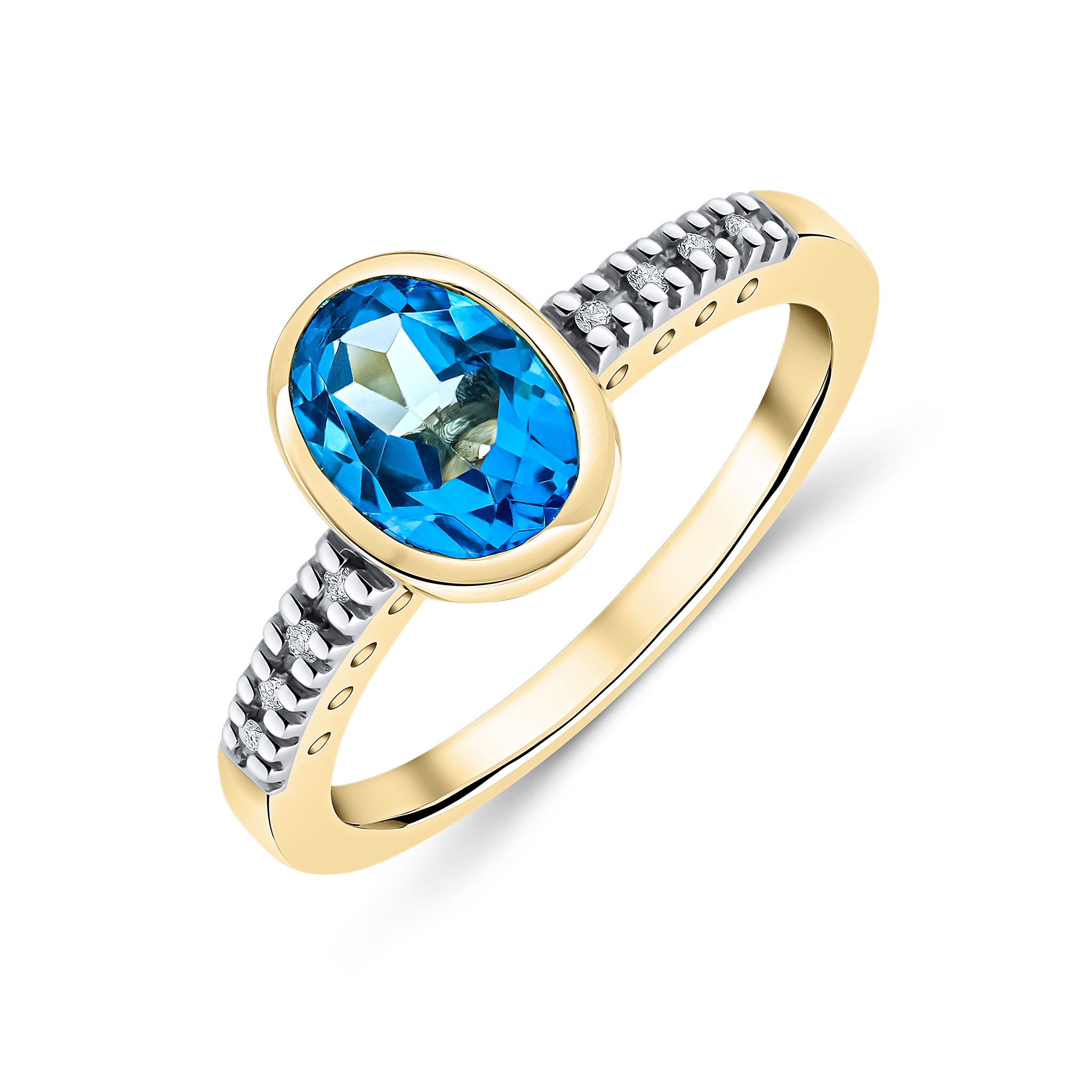 9ct Yellow Gold Rubover 8x6 Oval Swiss Blue Topaz Single Stone Ring with Claw Set Diamond Shoulders Rhodium to Diamonds