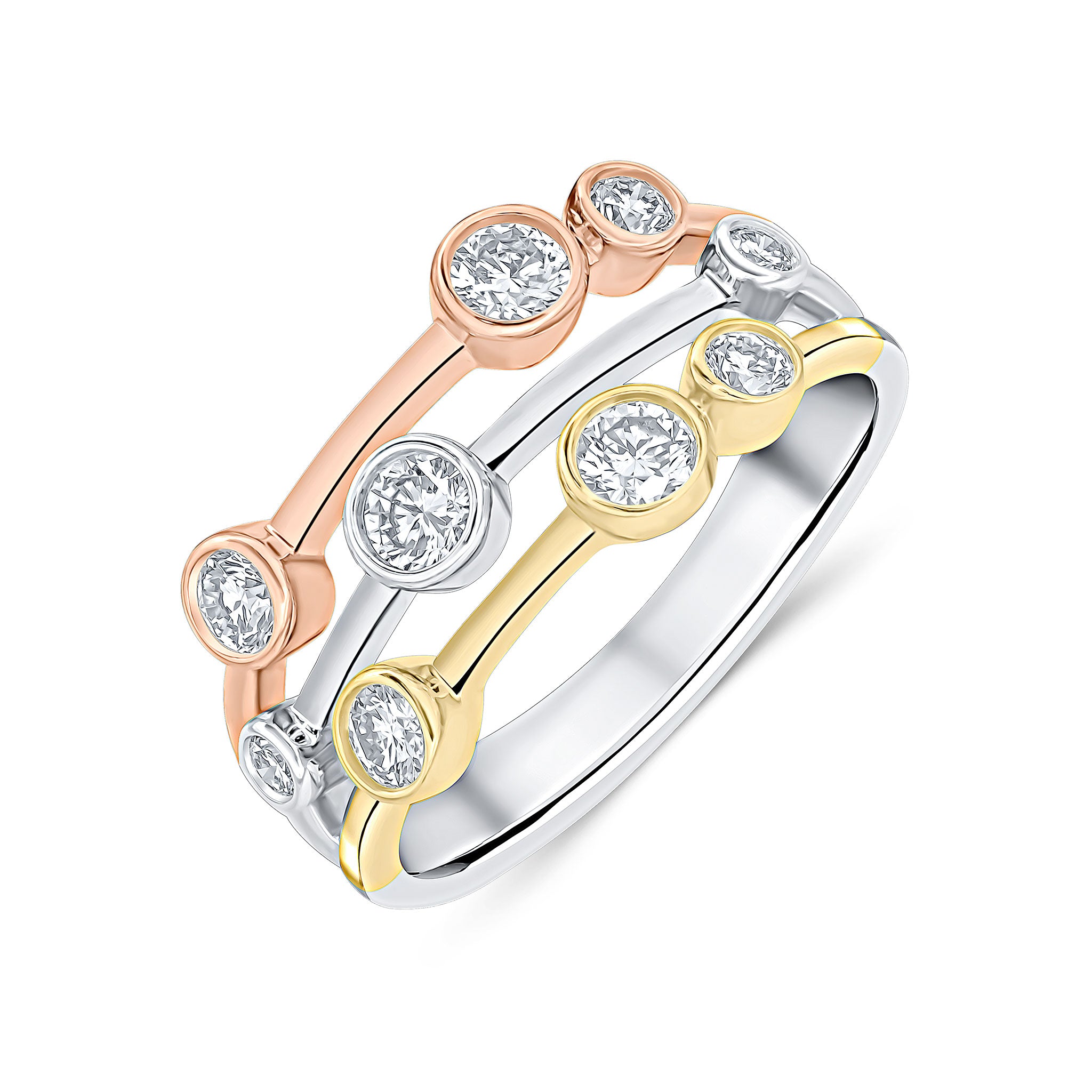 9ct Ywrg Round Diamond 3 Row Bubble Ring 0.75ct Total