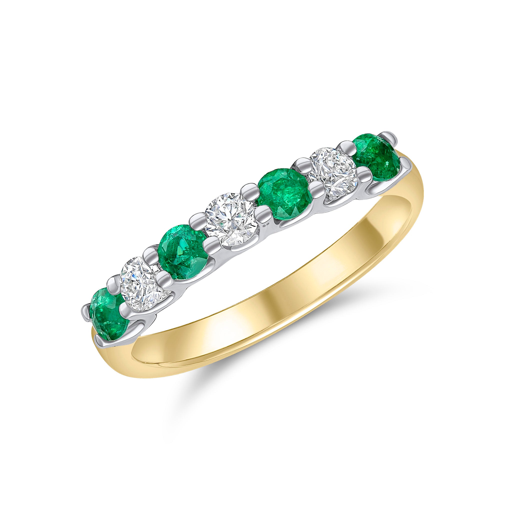 18ct Ywg Round Emerald and Diamond Claw Set 7 Stone Eternity Ring