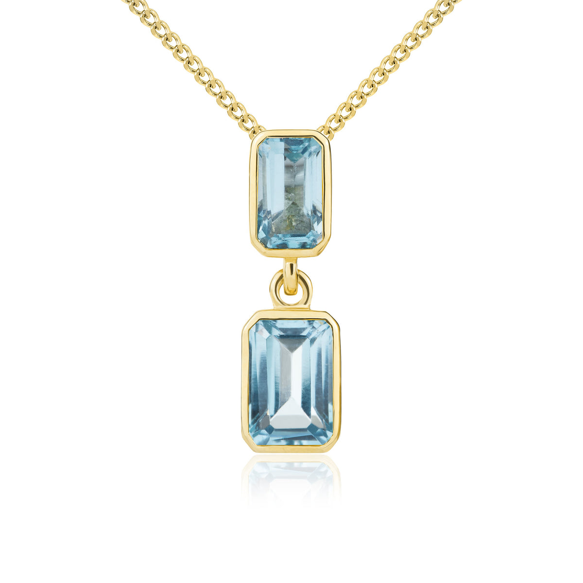 9ct Yellow Gold Octagon Swiss Blue Topaz 2 Stone Rubover Drop Pendant